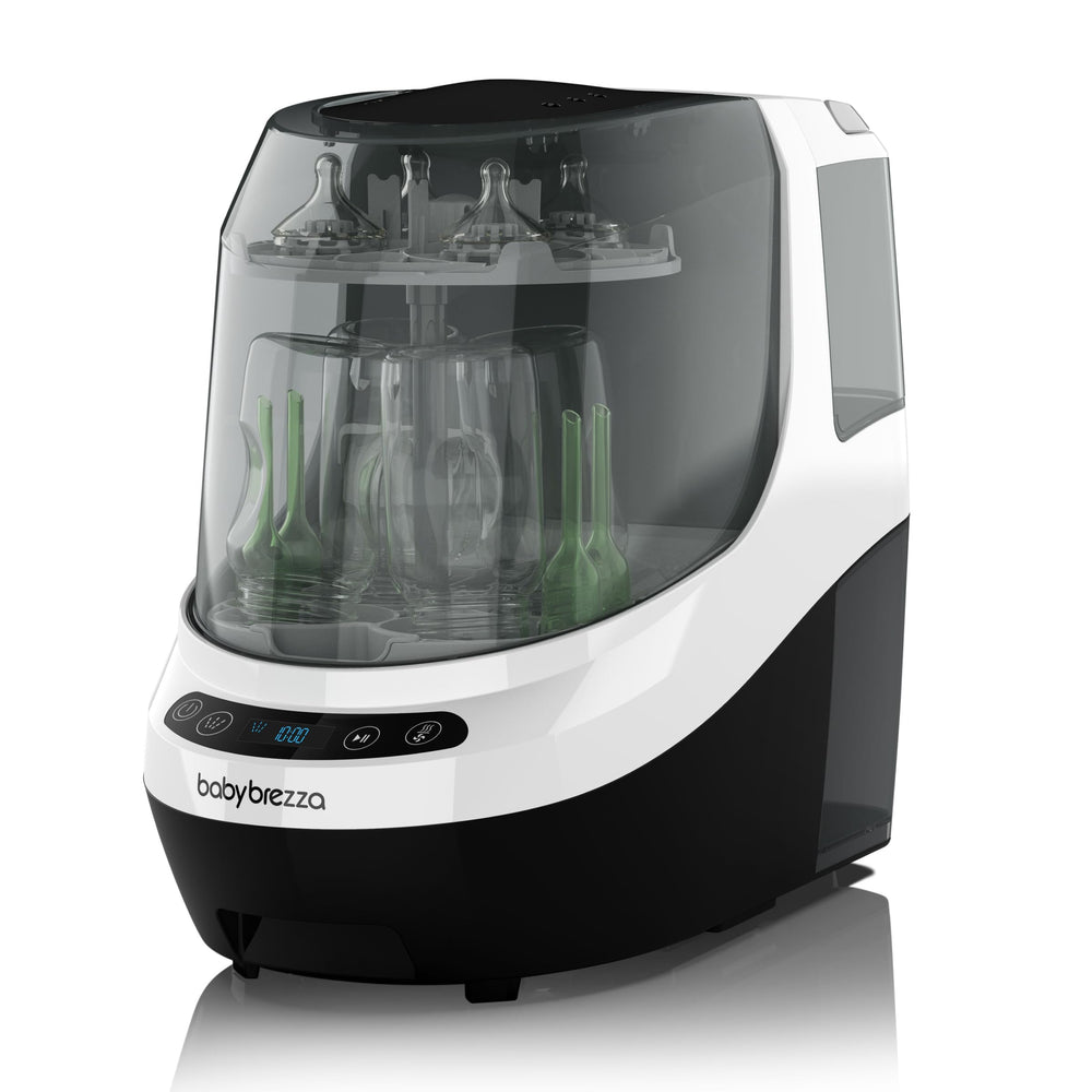 Baby Brezza vista frontal con tapa transparente que muestra la limpieza eficiente