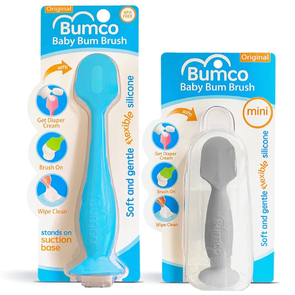 Baby Bum Brush vista frontal del set mostrando espátulas y funda, higiene práctica