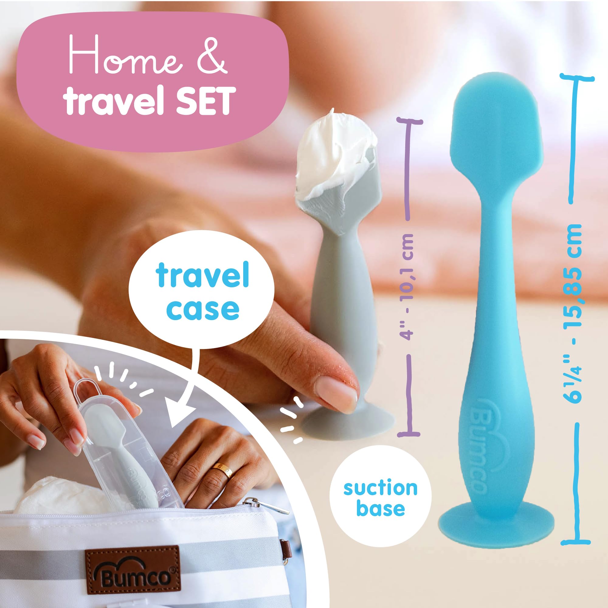 Baby Bum Brush mini guardada en funda de viaje, transporte higiénico y ordenado