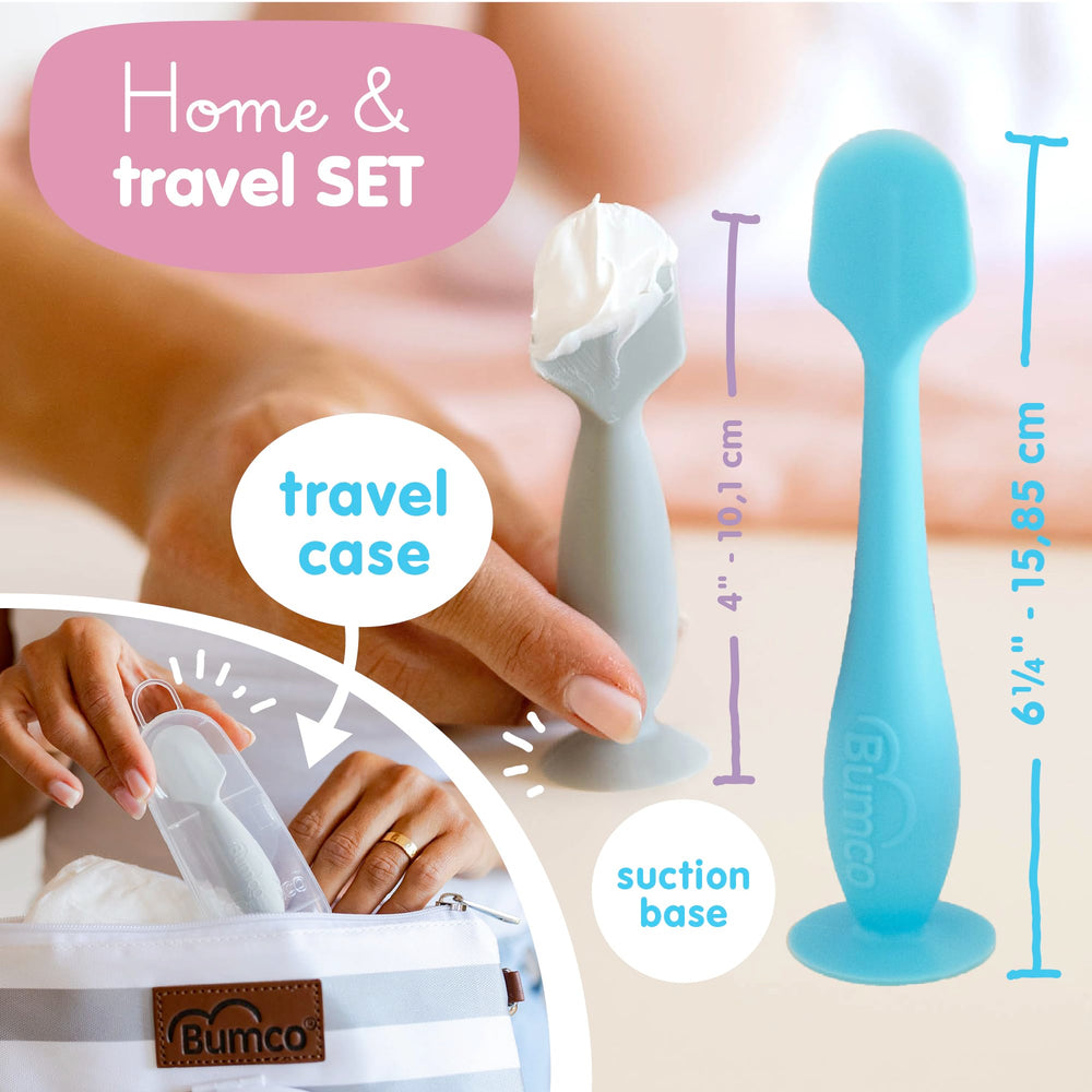 Baby Bum Brush mini guardada en funda de viaje, transporte higiénico y ordenado