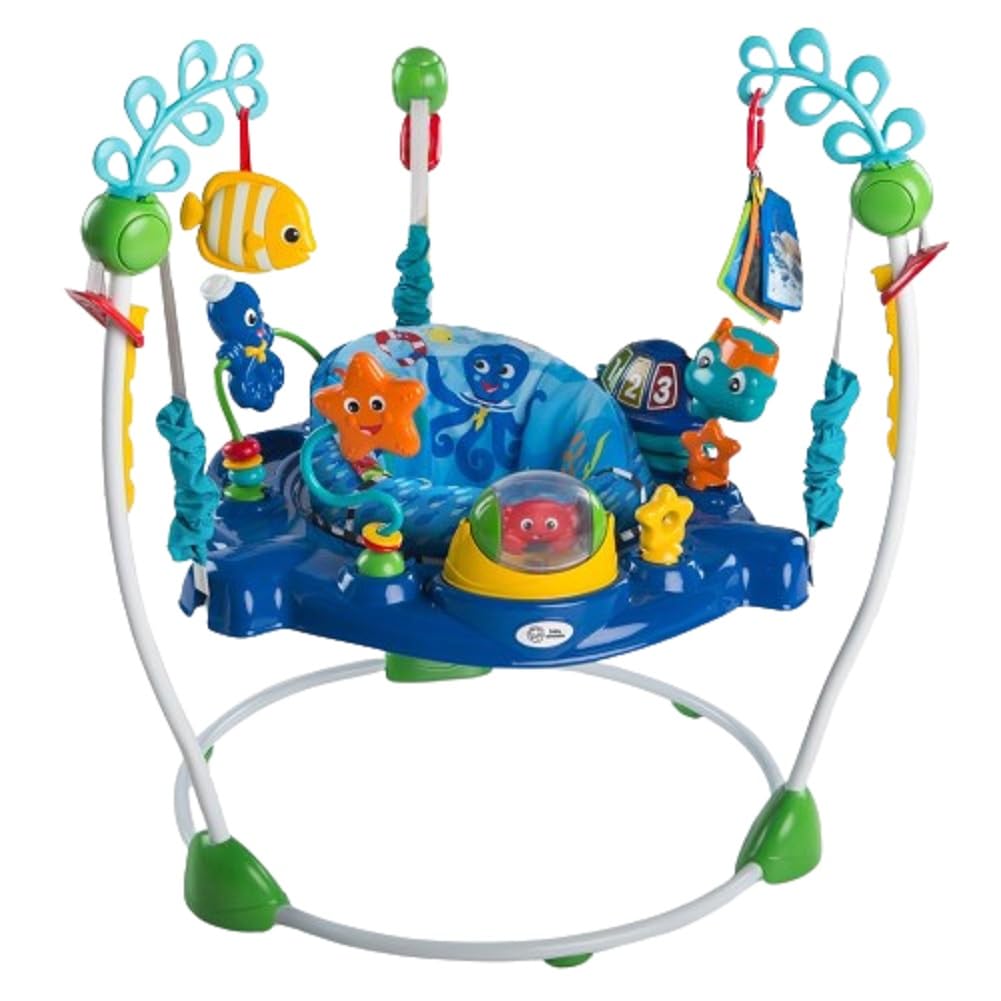 Baby Einstein jumper frontal mostrando juguetes marinos y base estable para seguridad