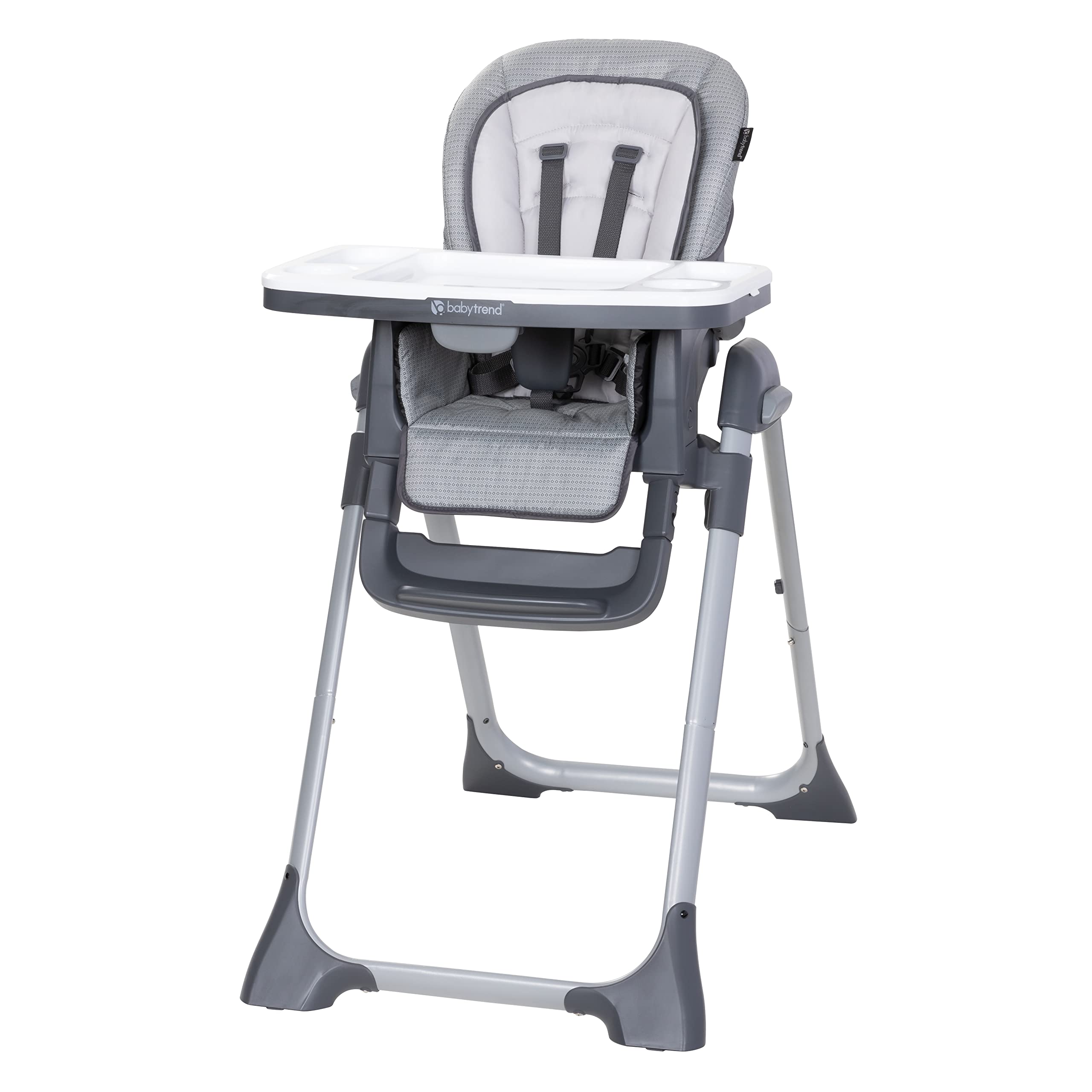 Baby Trend vista frontal de la trona Cozy Grey con diseño moderno y estable