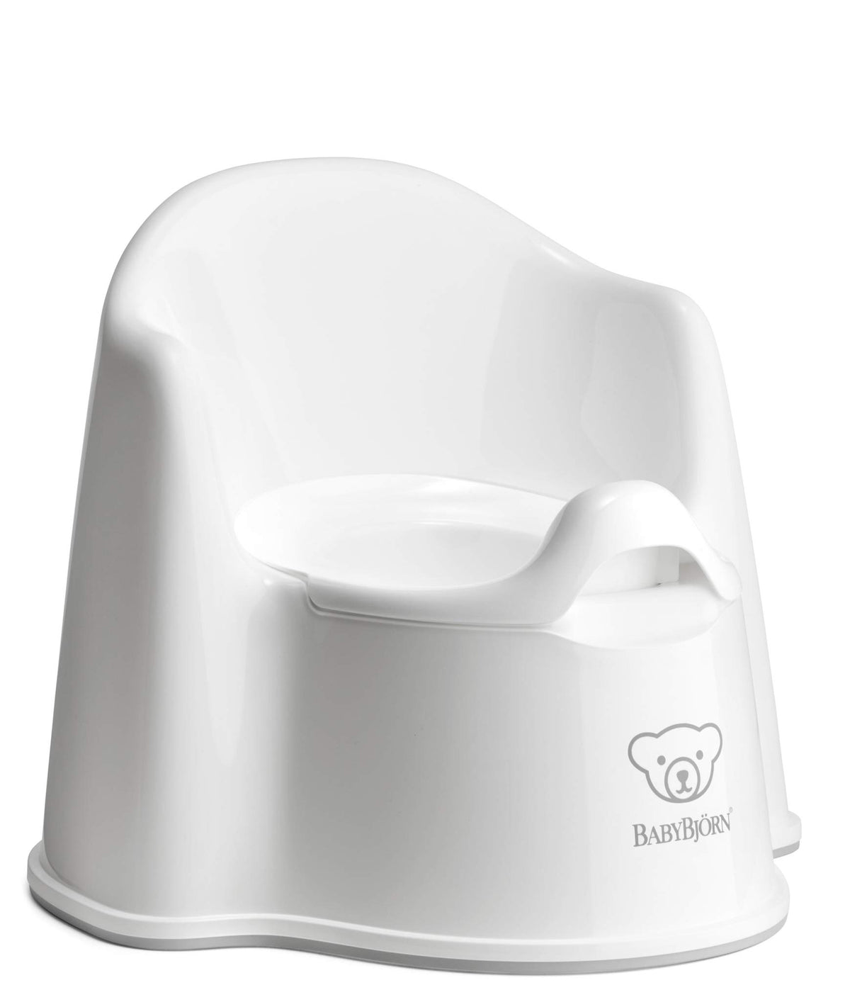 BabyBjörn orinal frontal blanco y gris mostrando respaldo alto y reposabrazos para confort
