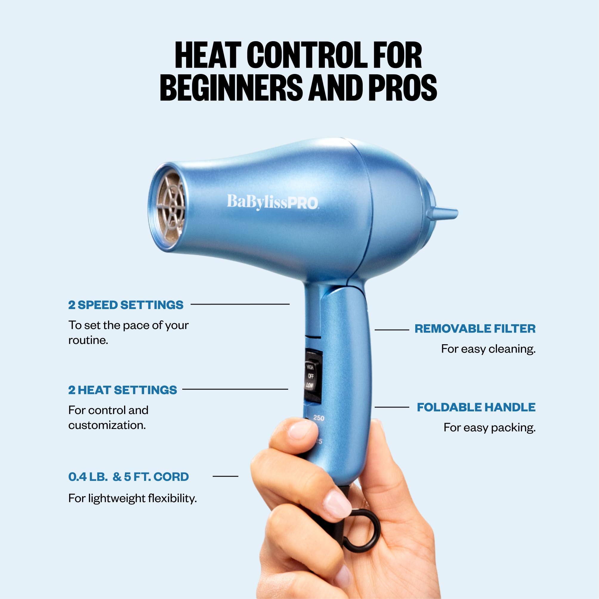 BaBylissPRO secador mostrando interruptor de doble voltaje y control