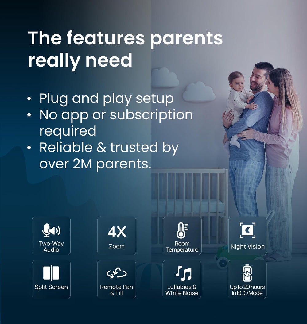 Babysense etiqueta mostrando conexión FHSS segura sin Wi‑Fi para privacidad