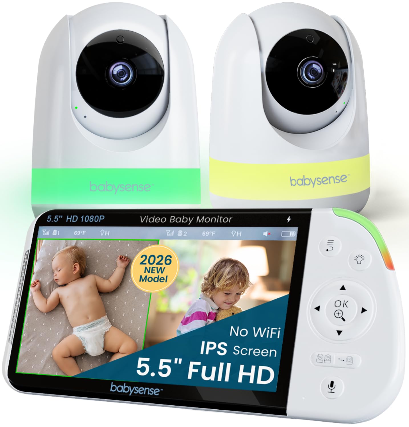 Babysense PRO vista frontal con pantalla dividida, supervisión clara inmediata
