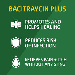 Bacitraycin Plus aplicación en mano ilustrando alivio inmediato y facilidad de uso