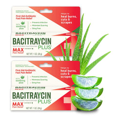 Bacitraycin Plus frente del tubo mostrando la etiqueta y beneficio de protección