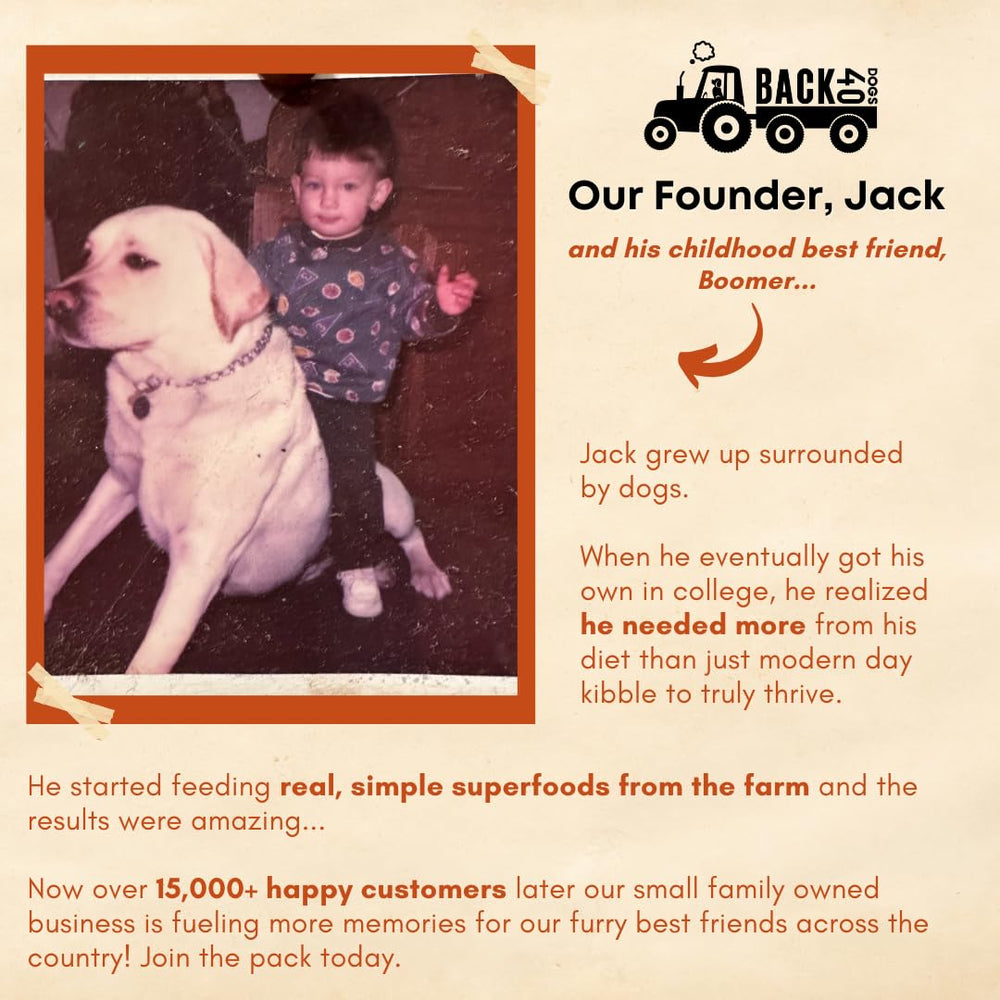 Back 40 Dogs etiqueta con lista de ingredientes y garantías de fabricación