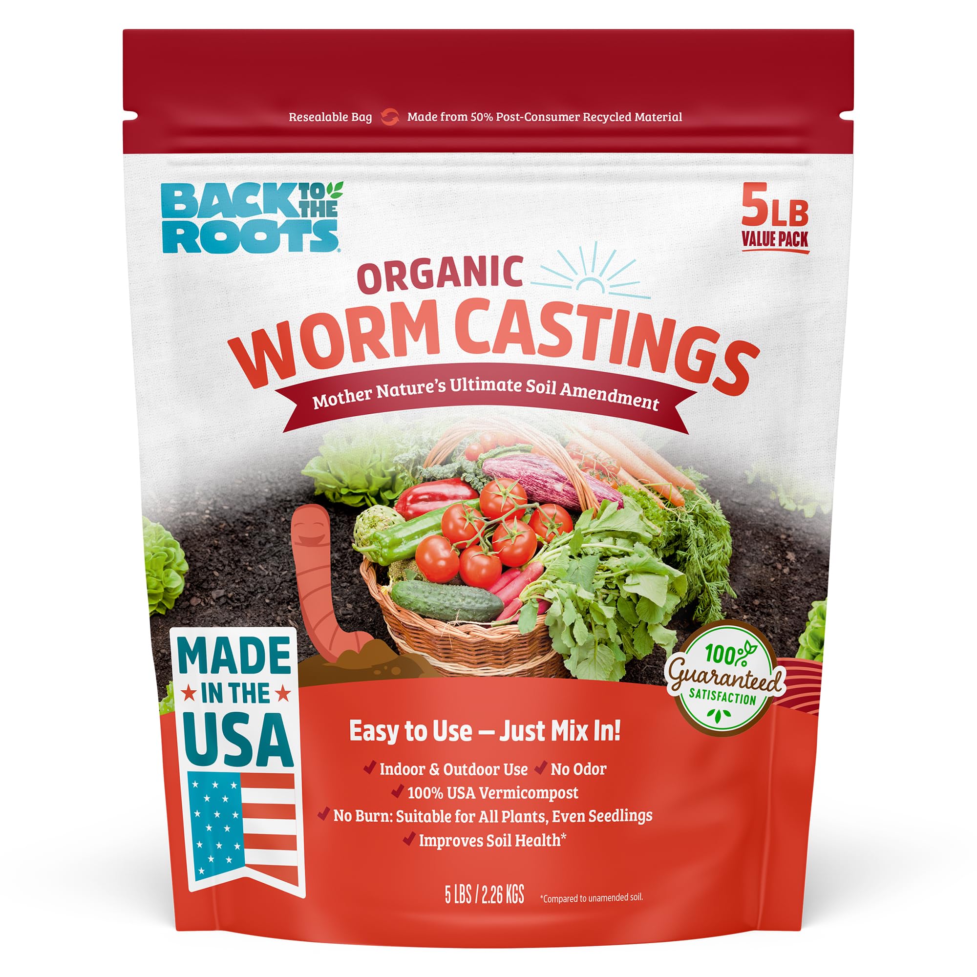 Back to the Roots frente del empaque 5 lb mostrando el producto y beneficios