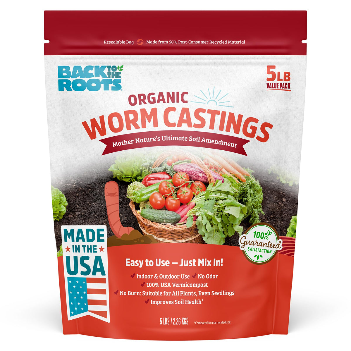 Back to the Roots frente del empaque 5 lb mostrando el producto y beneficios