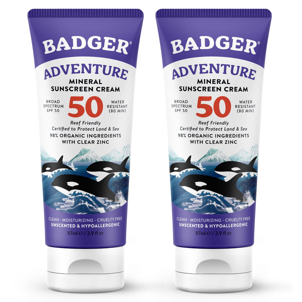 Badger envase frontal mostrando SPF 50 y beneficios ambientales