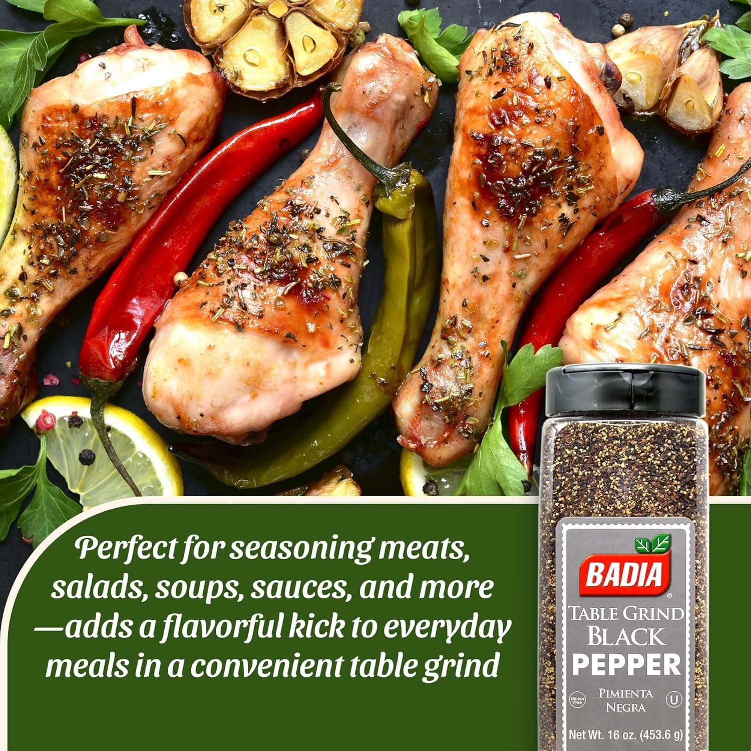 Badia sprinkled over salad to show immediate aroma uplift and improved taste
