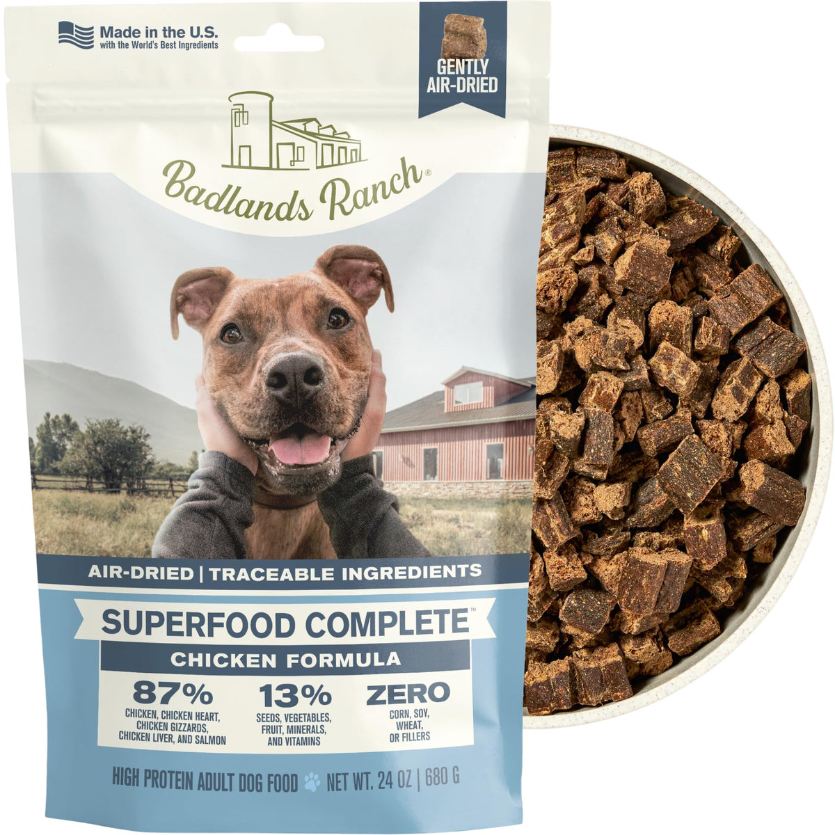 BADLANDS RANCH empaque frente mostrando beneficio de carne real