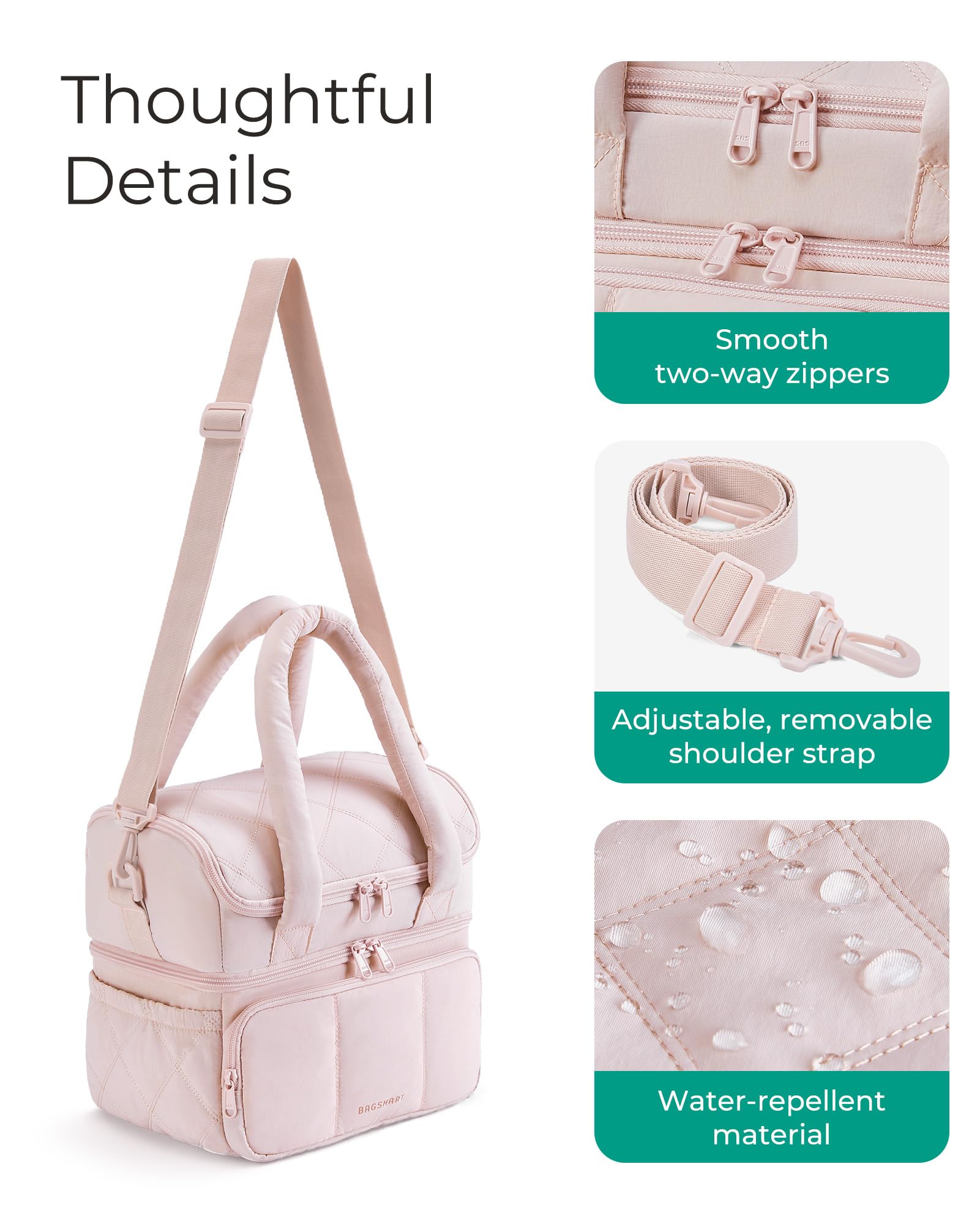 BAGSMART bolsillos y cremalleras accesibles para utensilios y botellas