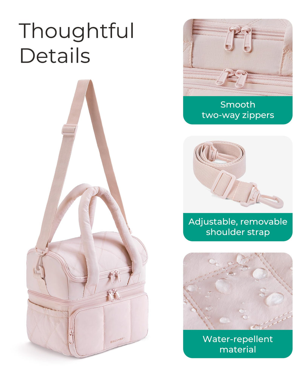 BAGSMART bolsillos y cremalleras accesibles para utensilios y botellas