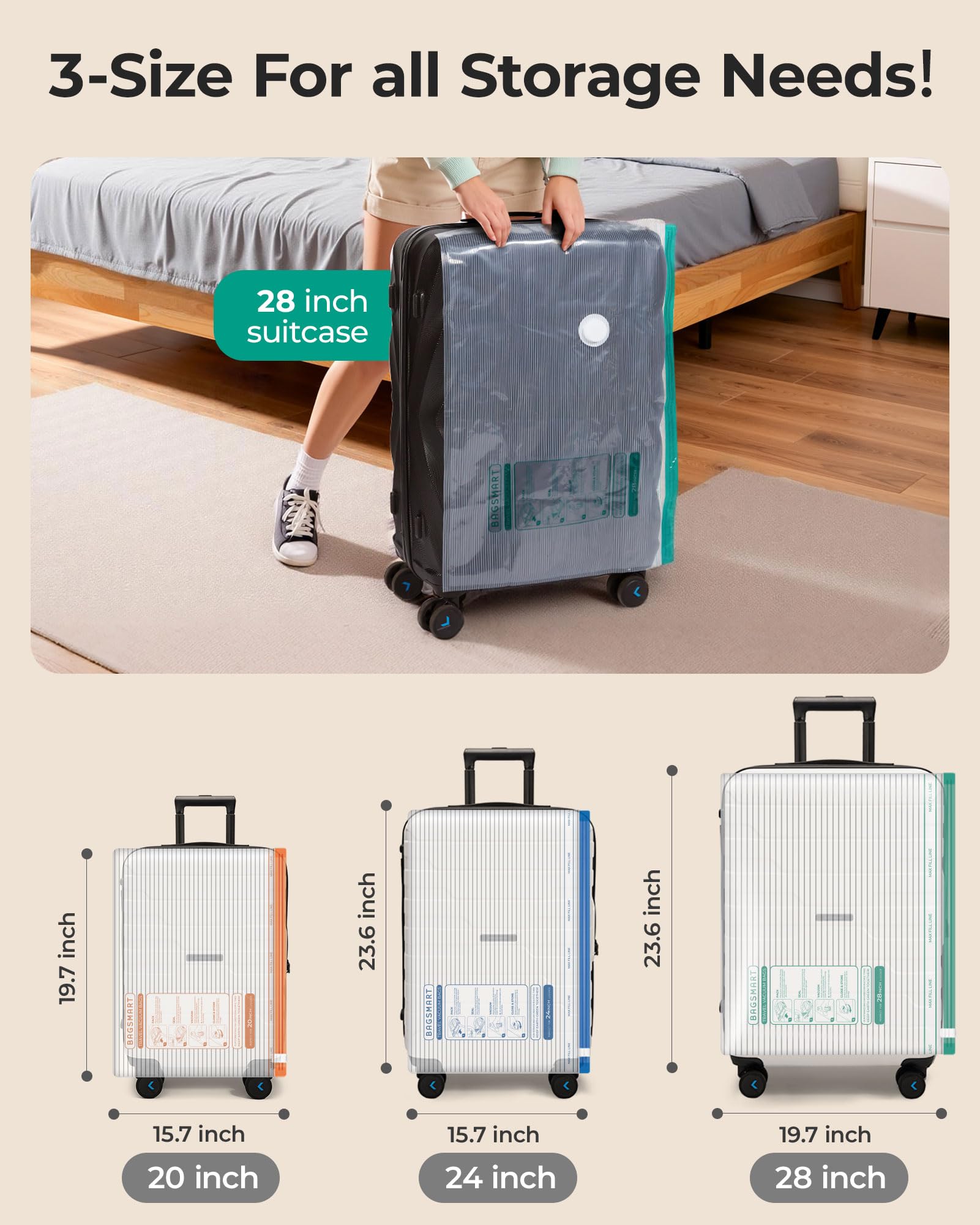 BAGSMART bolsas dentro de una maleta demostrando optimización de equipaje