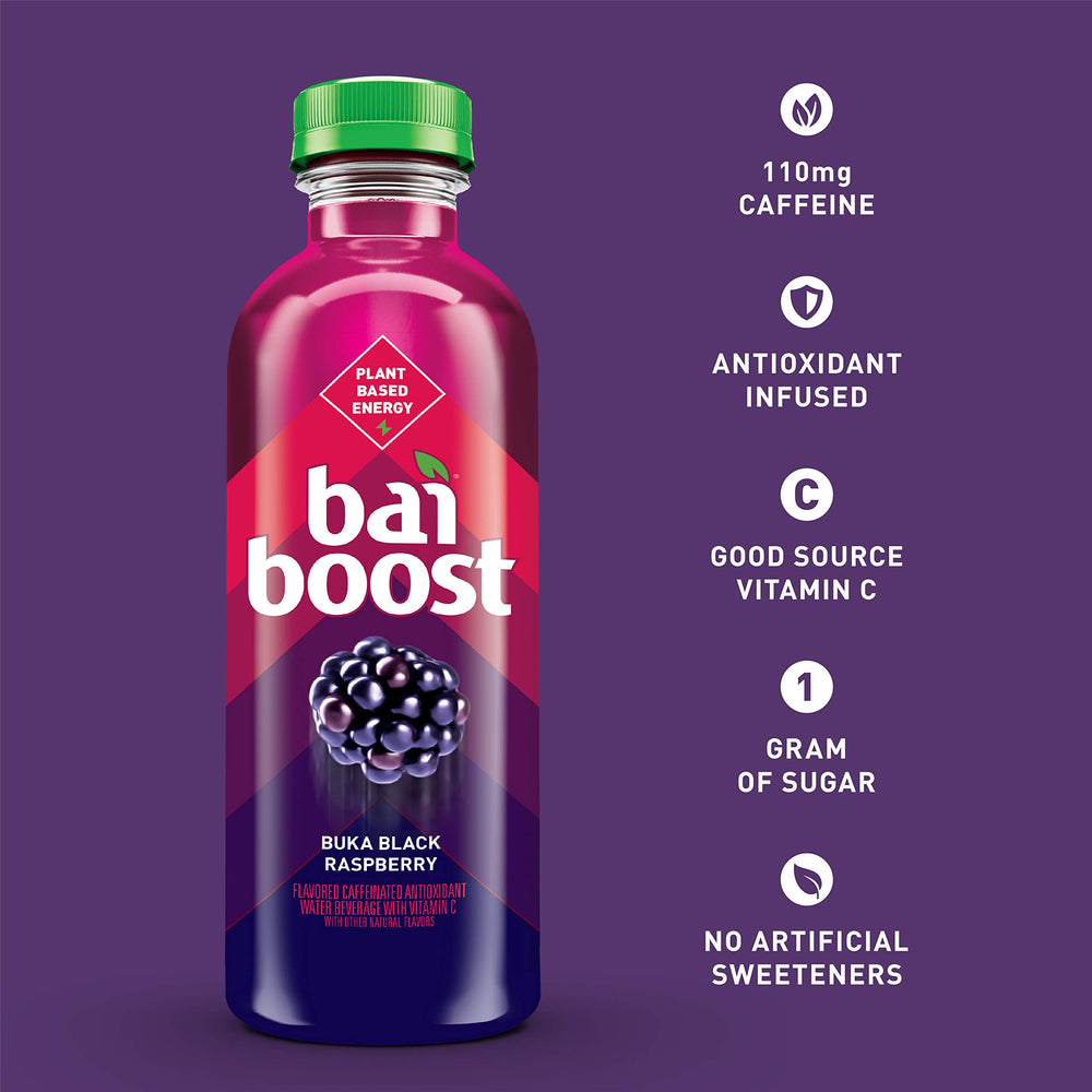 Comparación de tamaño de la botella Bai Boost junto a un vaso para escala