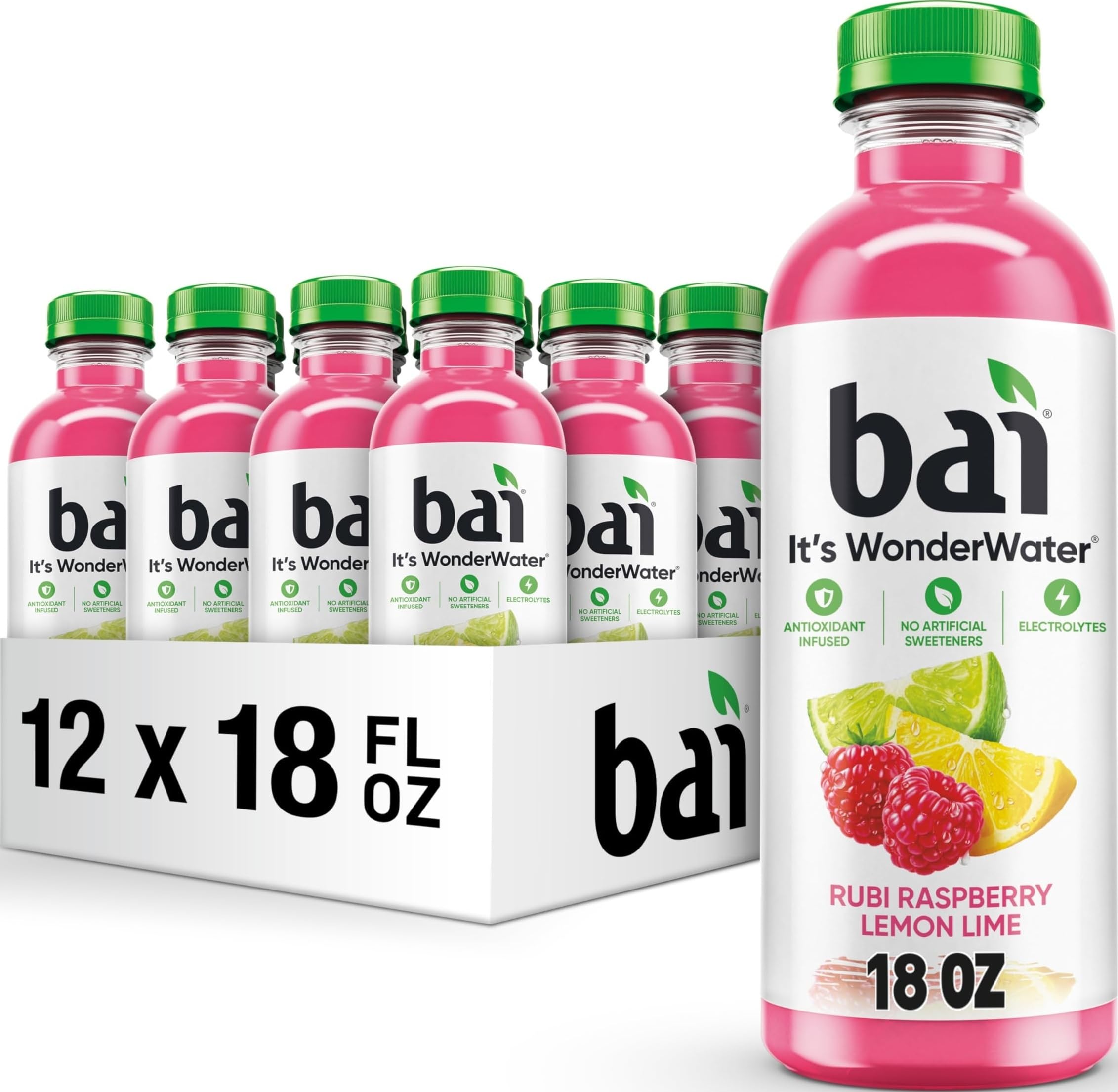 Bai botella frontal mostrando sabor frambuesa limón lima y etiqueta clara