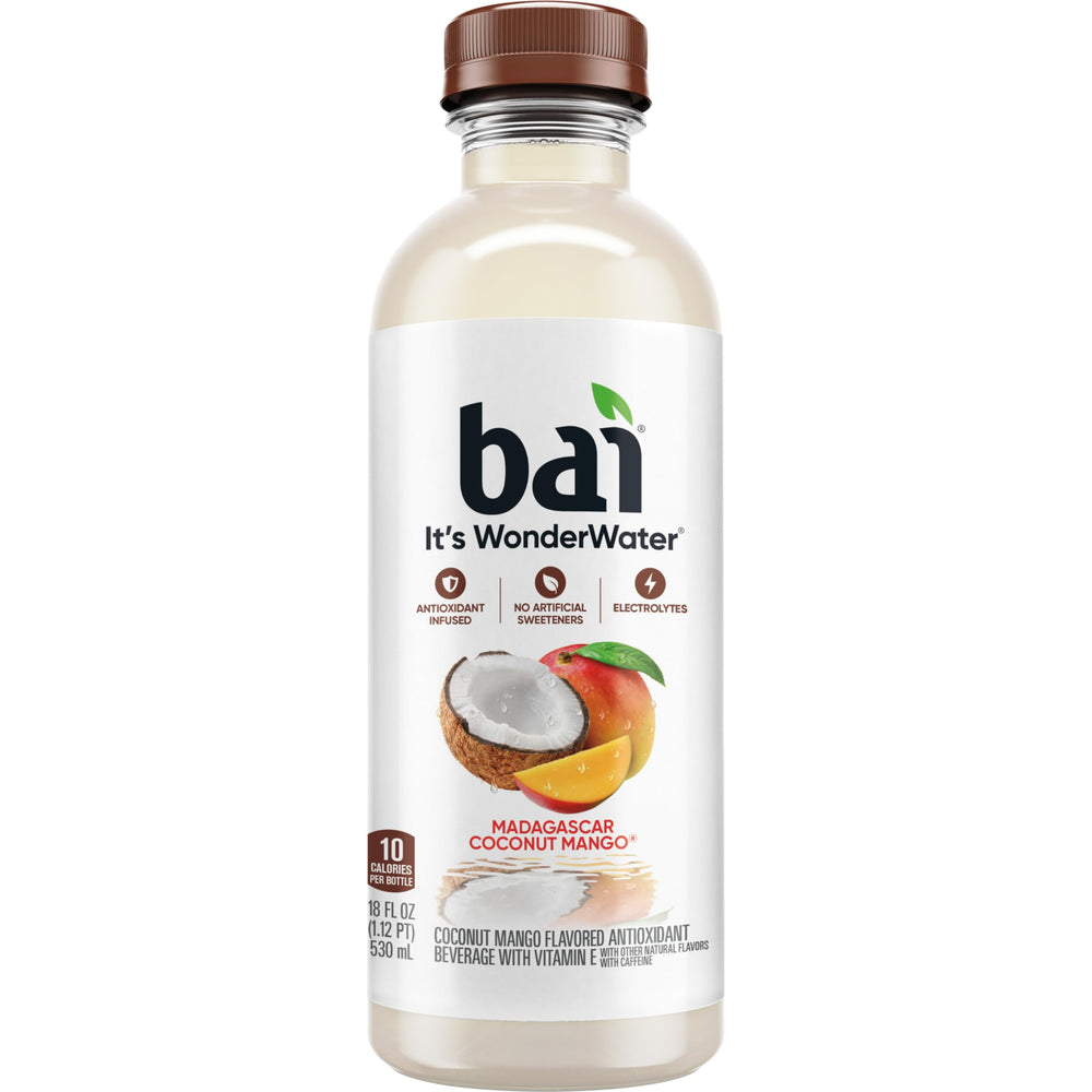 Hand holding Bai 18 oz bottle displaying convenient single-serve size