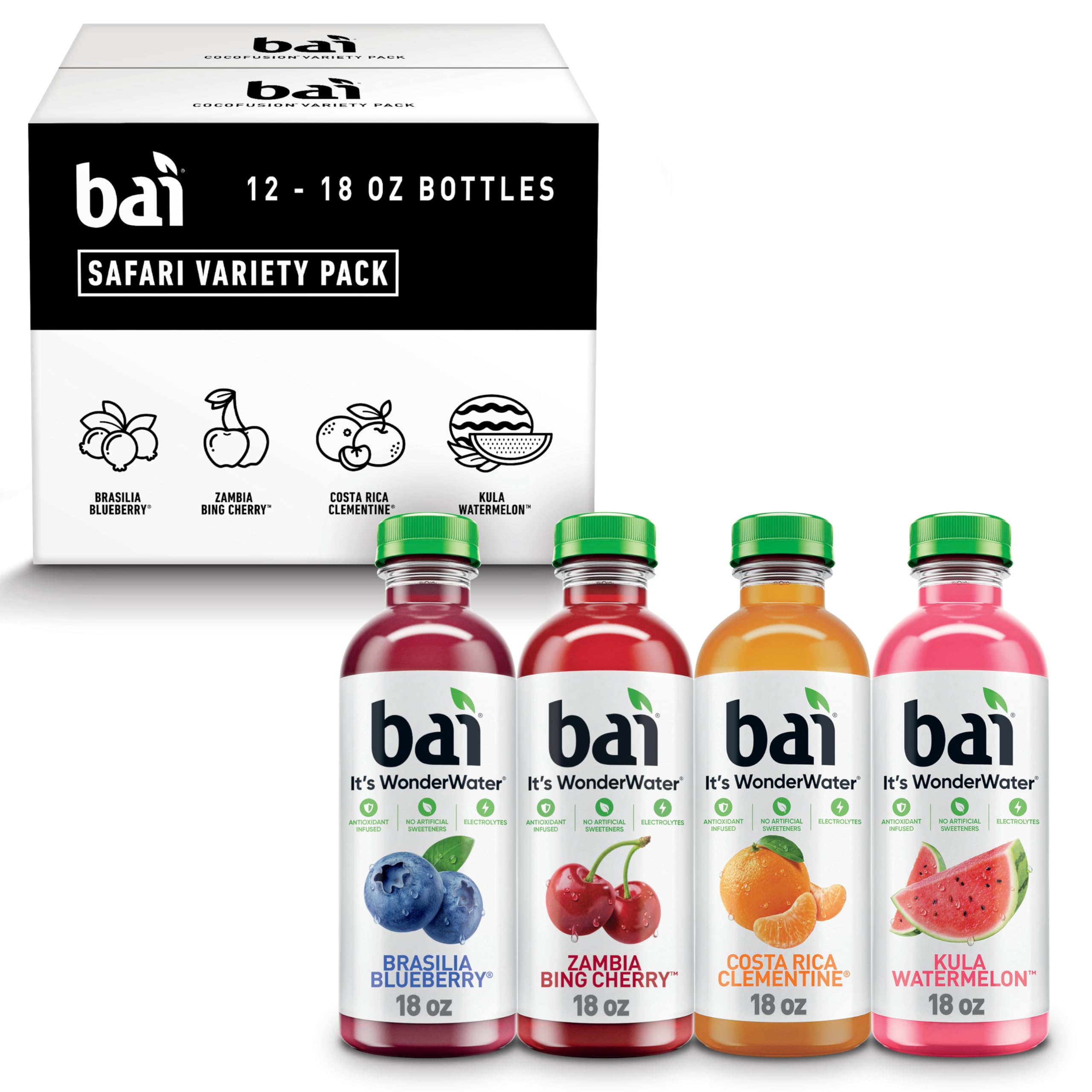 Bai pack frontal mostrando cuatro sabores y beneficios antioxidantes