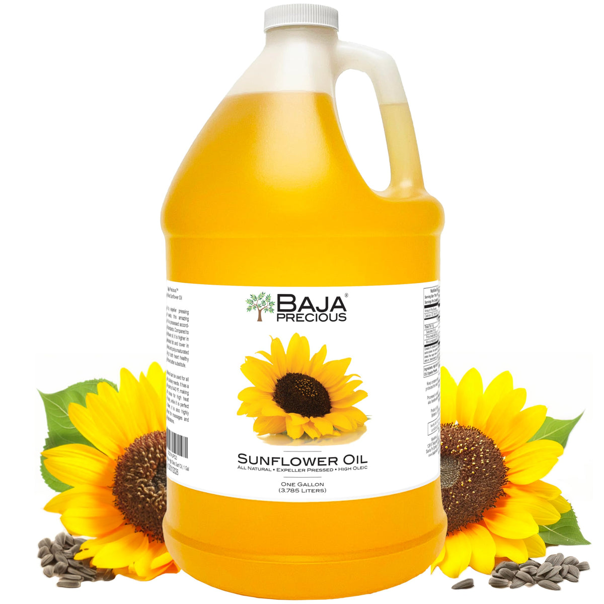 Baja Precious frasco frontal de 1 galón mostrando etiqueta y capacidad de servicio