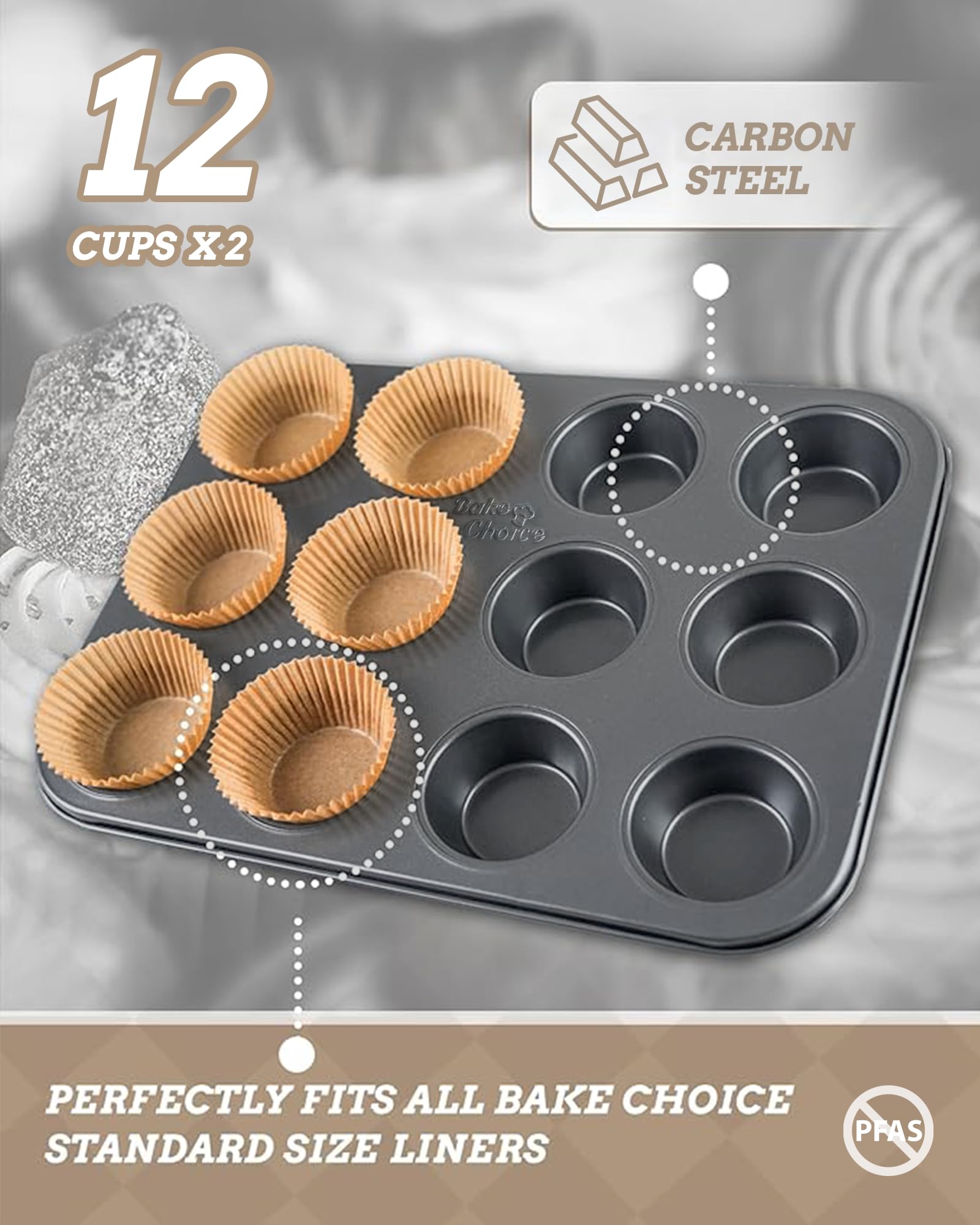 Bake Choice bandejas con cápsulas colocadas, listo para hornear lotes sin engrasar
