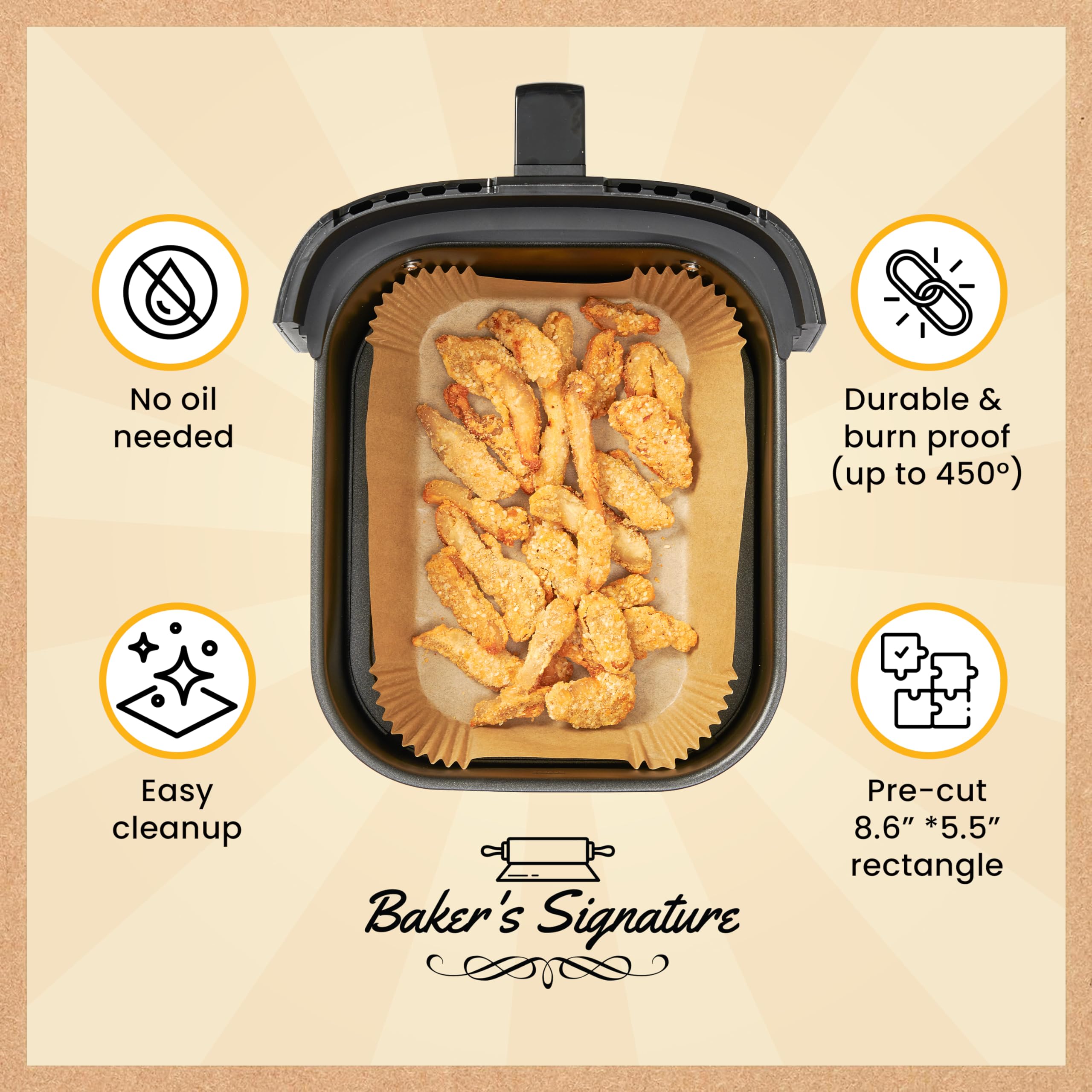 Baker's Signature etiqueta que destaca material sin blanquear y tranquilidad