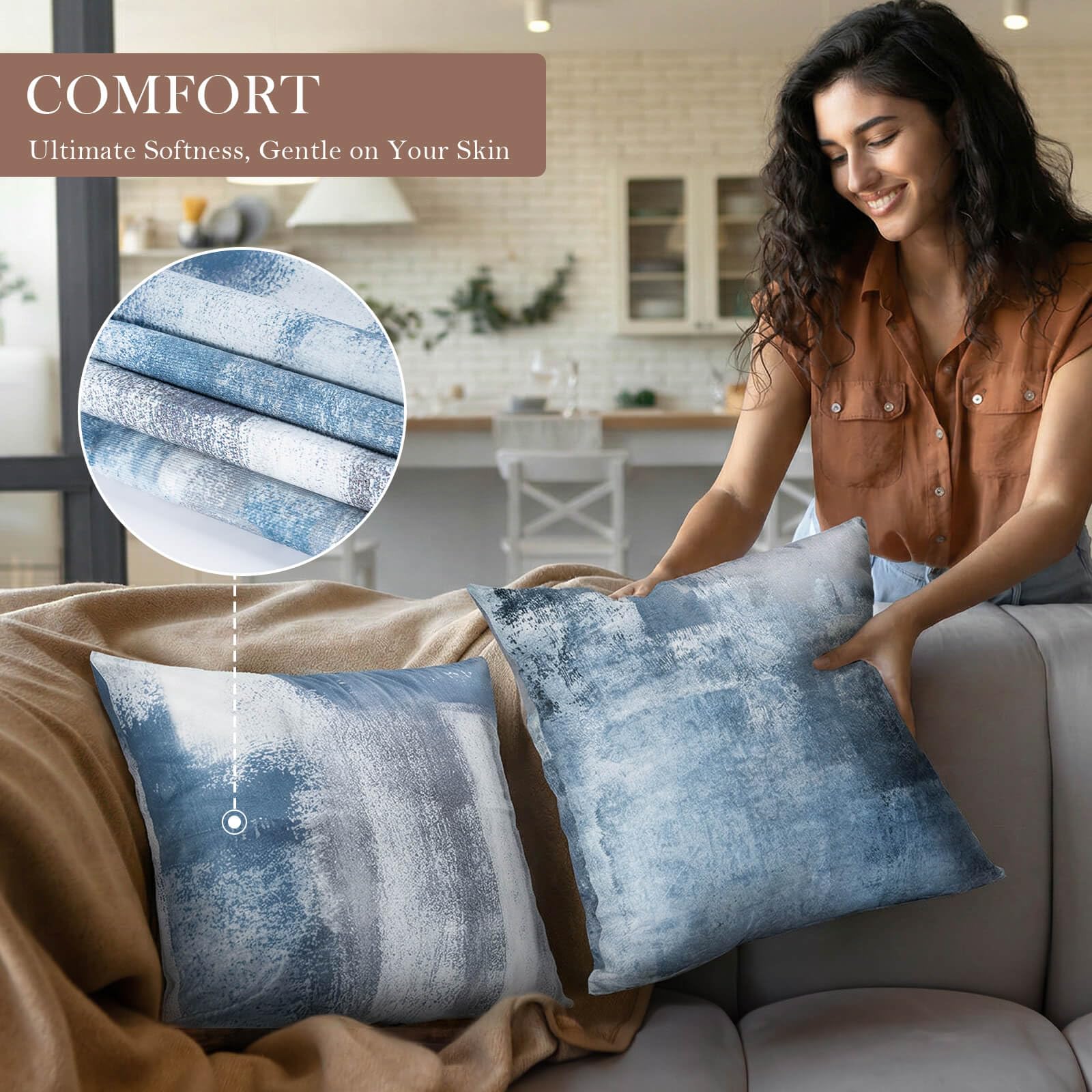 Balaena cojines en dormitorio combinados con colcha neutra para armonía visual
