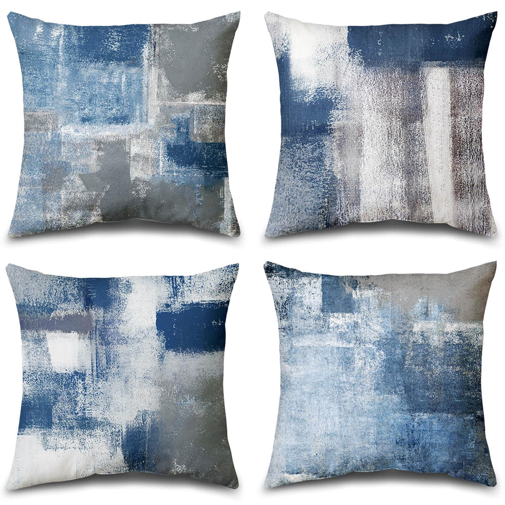 Balaena funda de cojín frontal con arte abstracto azul y gris mostrando diseño elegante