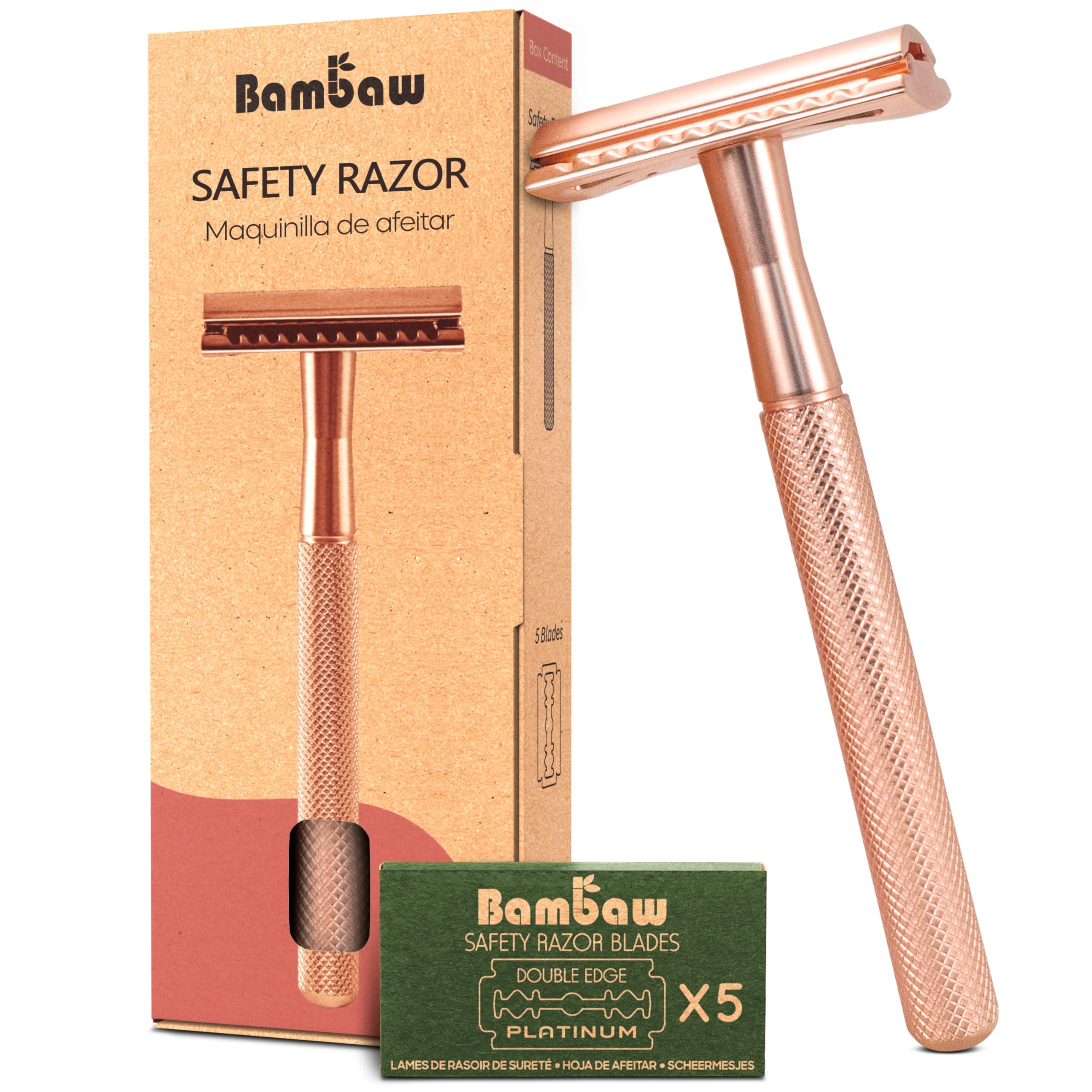 Bambaw maquinilla rosa dorado frente, diseño duradero y elegante