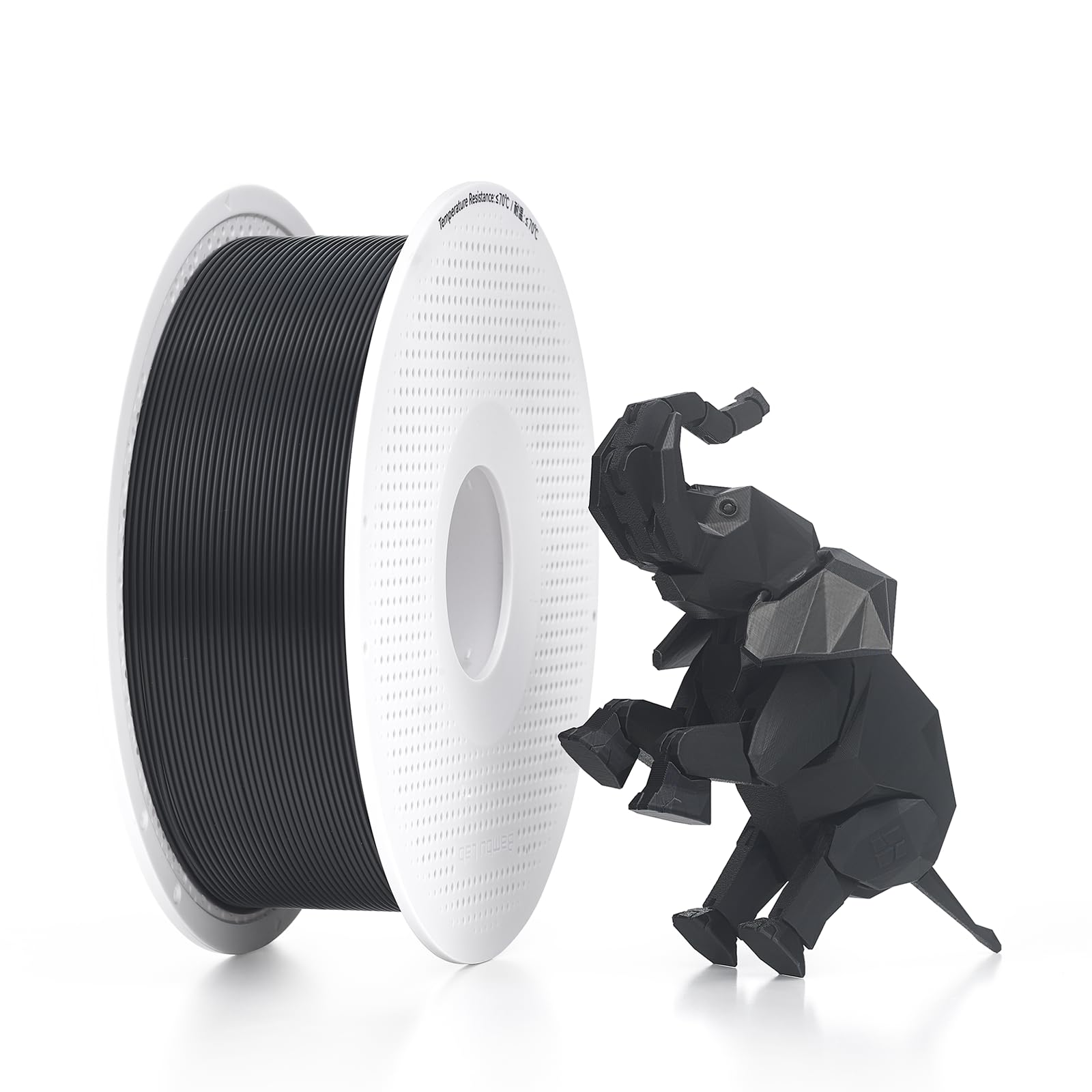 Bambu Lab spool front view showing black PLA and RFID for quick setup