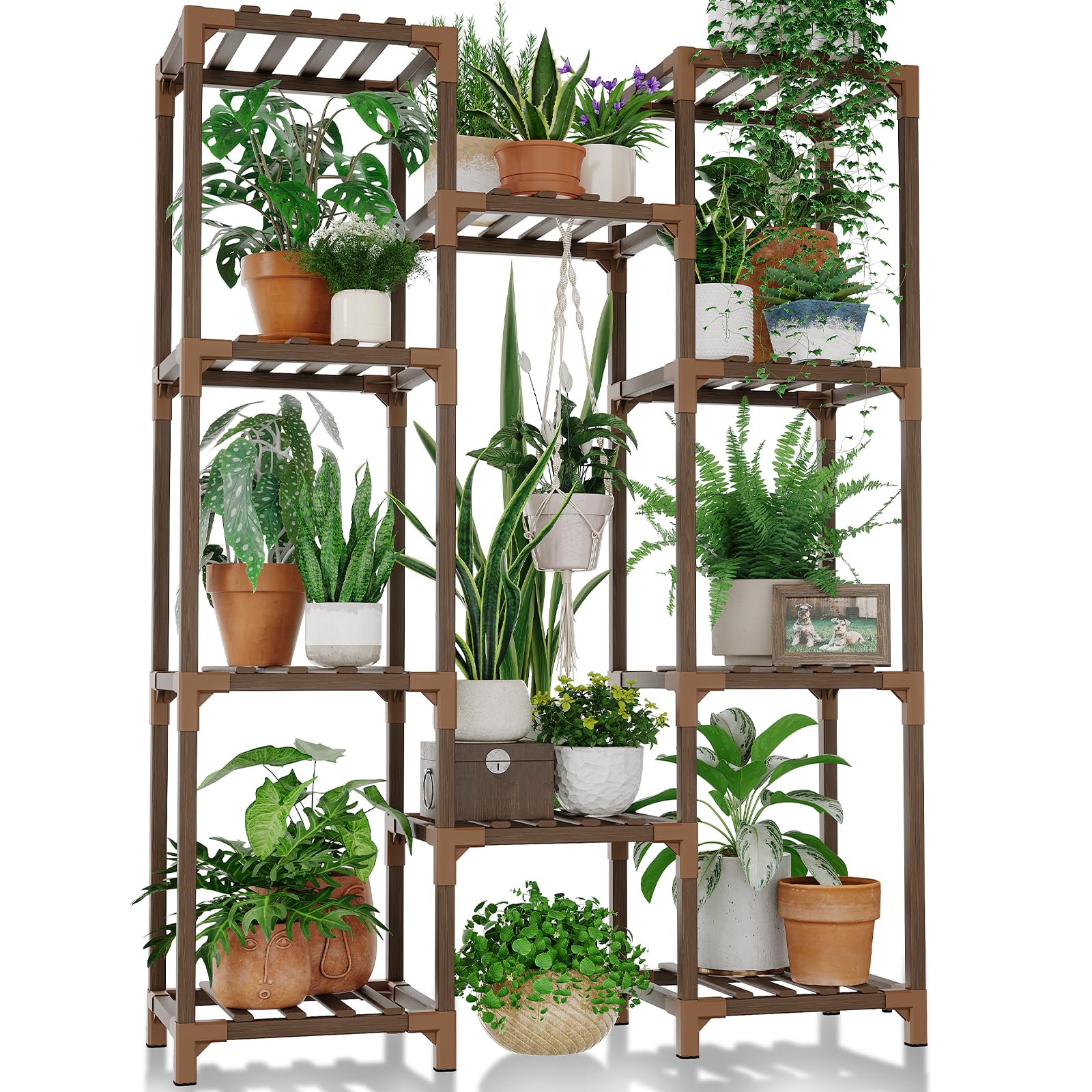 Bamworld front view of full 10-shelf plant stand showing capacity and rustic charm