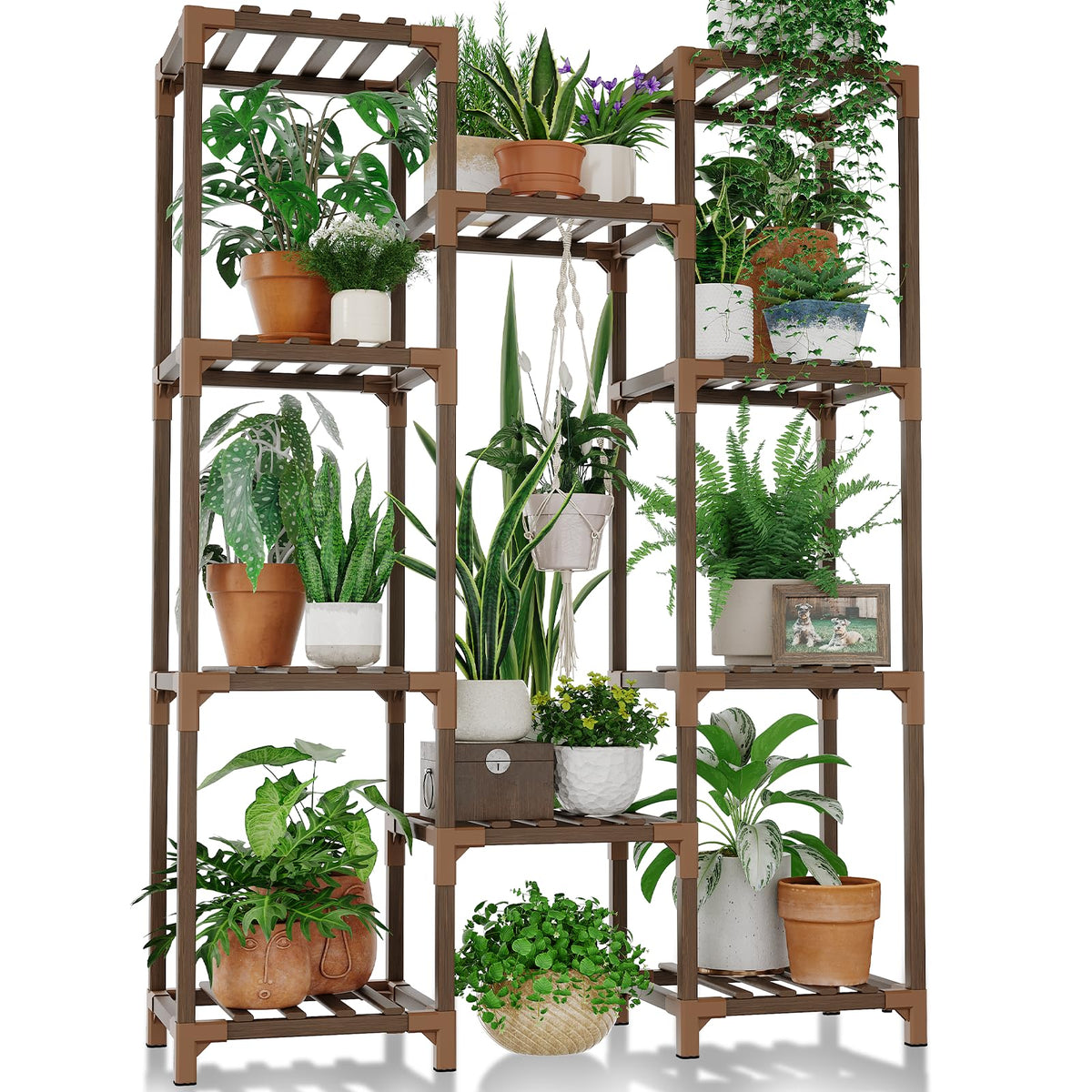 Bamworld front view of full 10-shelf plant stand showing capacity and rustic charm