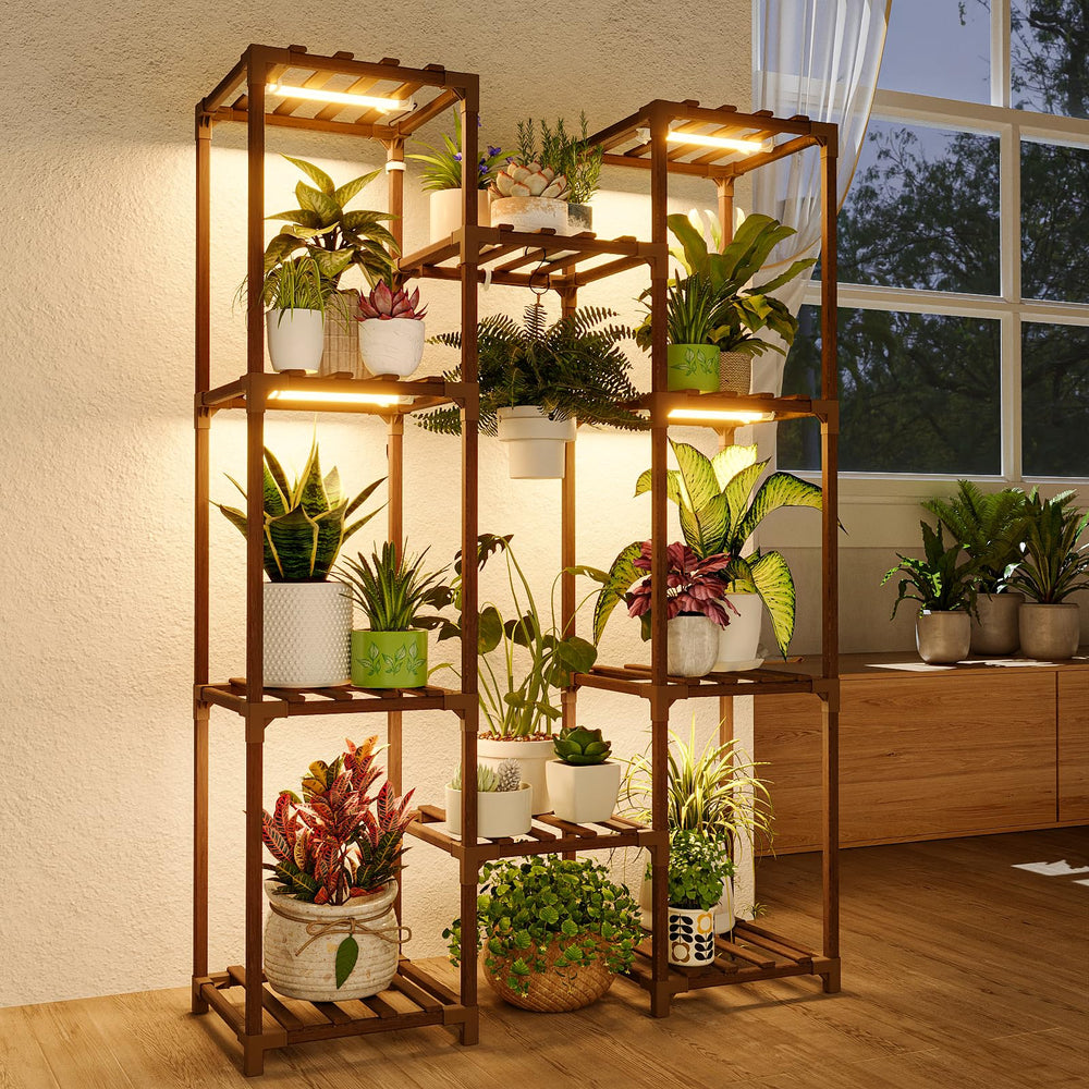 Bamworld front view plant stand showing tiered pots and warm light, enhances display
