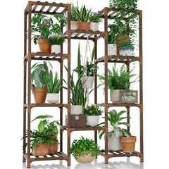 Bamworld front view of full 10-shelf plant stand showing capacity and rustic charm