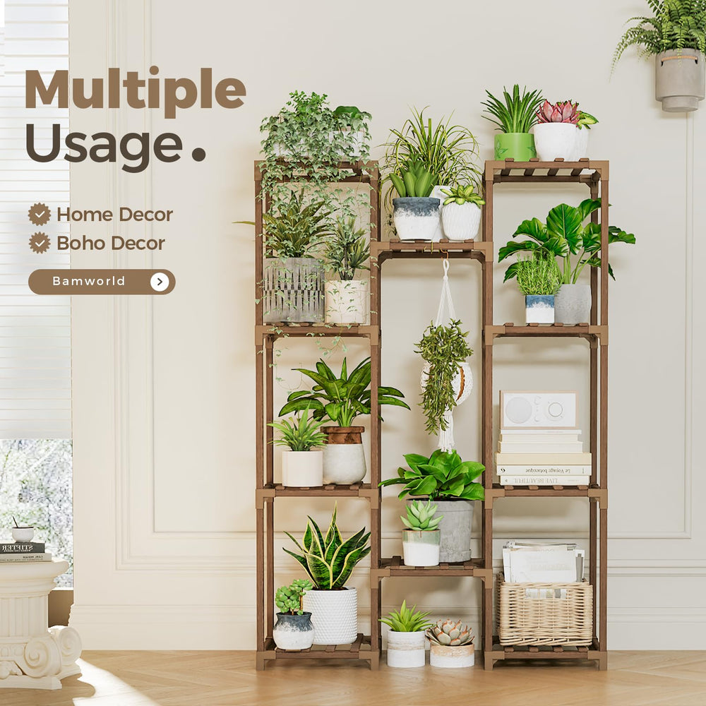 Bamworld plant stand styled on balcony providing space-saving vertical gardening benefit