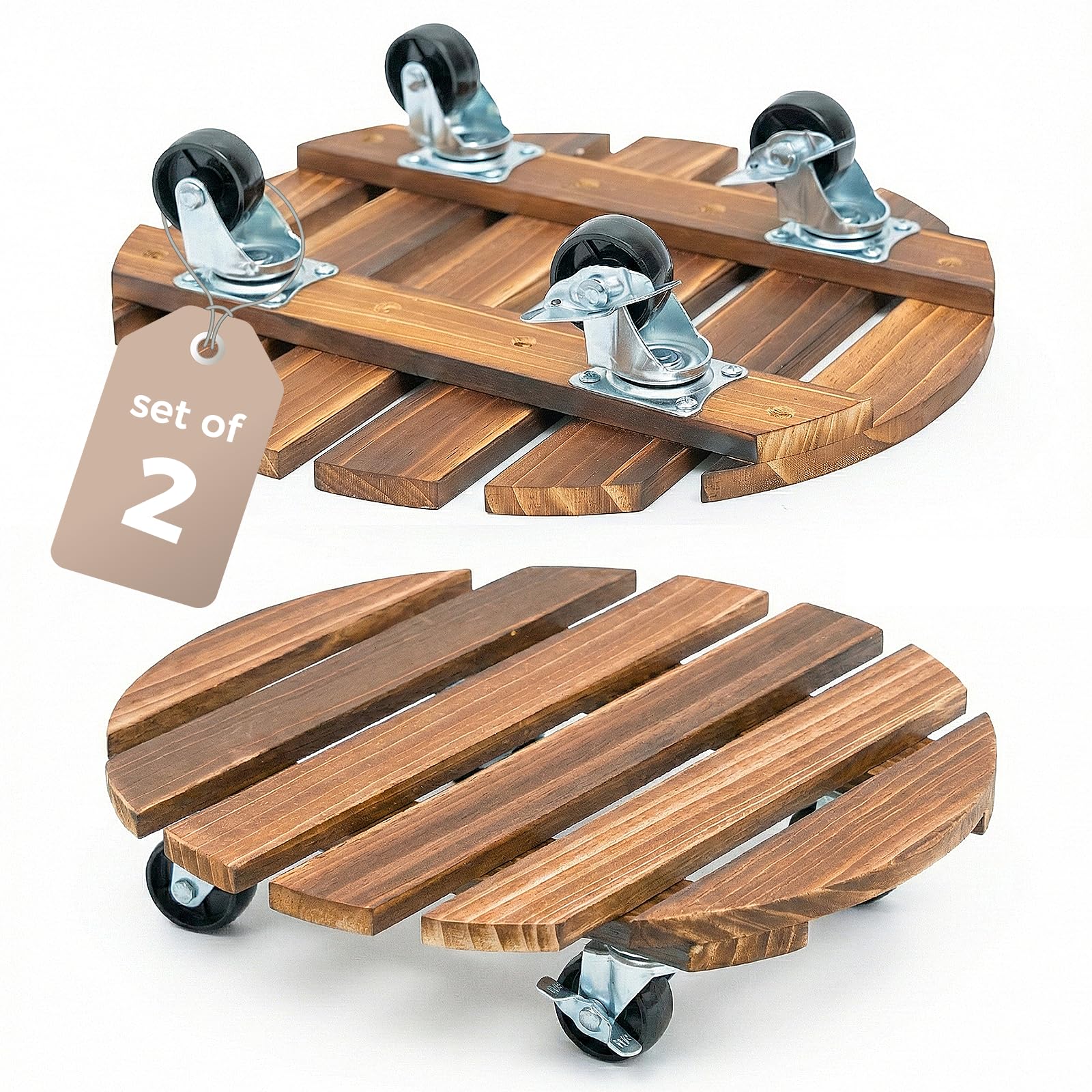 Bamworld par de plant caddies frontal mostrando diseño y ruedas, facilita mover macetas