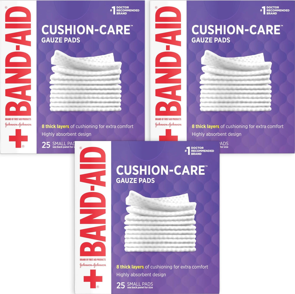 Band-Aid empaque frontal Cushion-Care mostrando cantidad y tamaño para organización