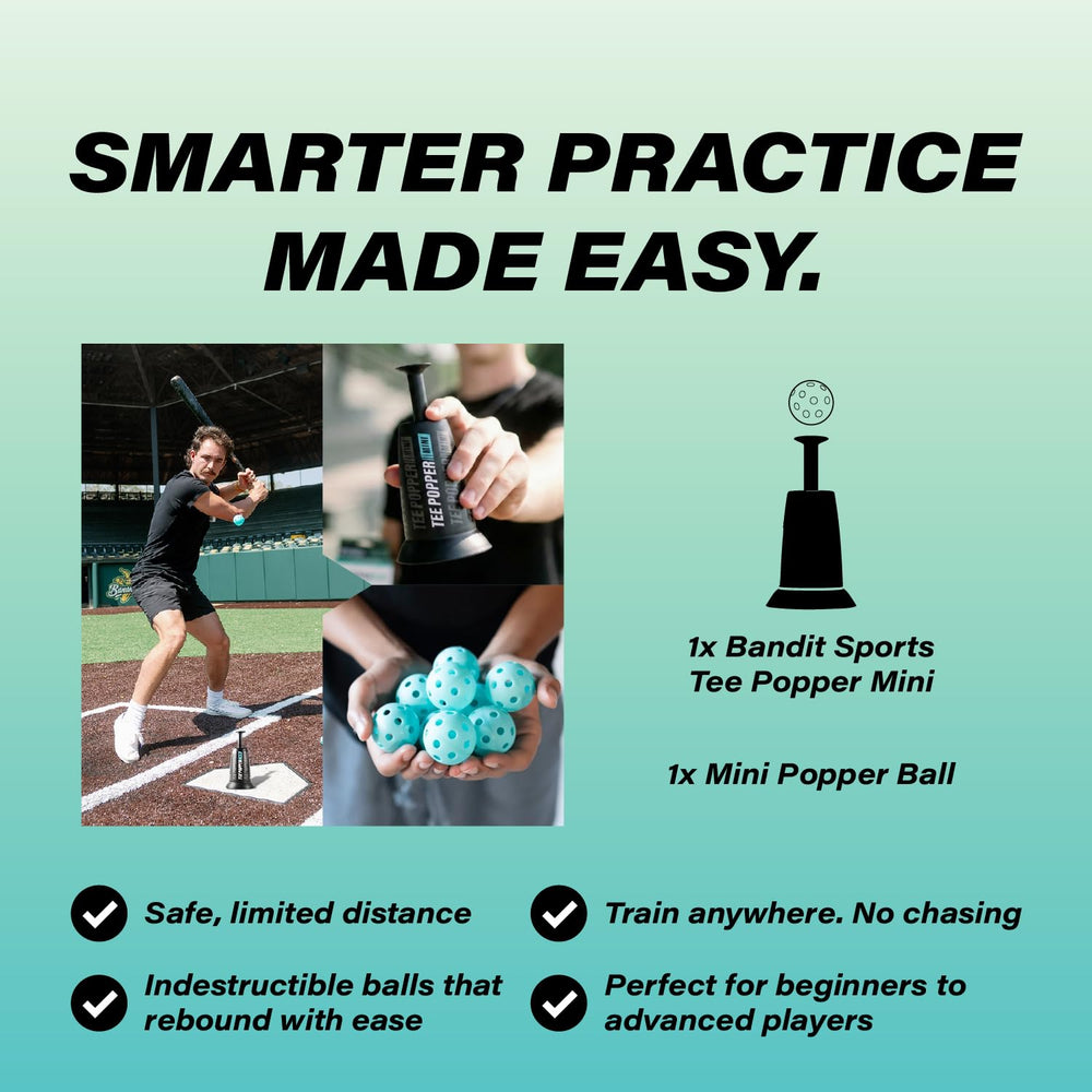 Bandit Sports comparación de tamaño del Tee Popper Mini junto a una pelota para escala