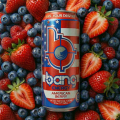 Latas Bang American Berry en ambiente de fiesta transmitiendo energía social