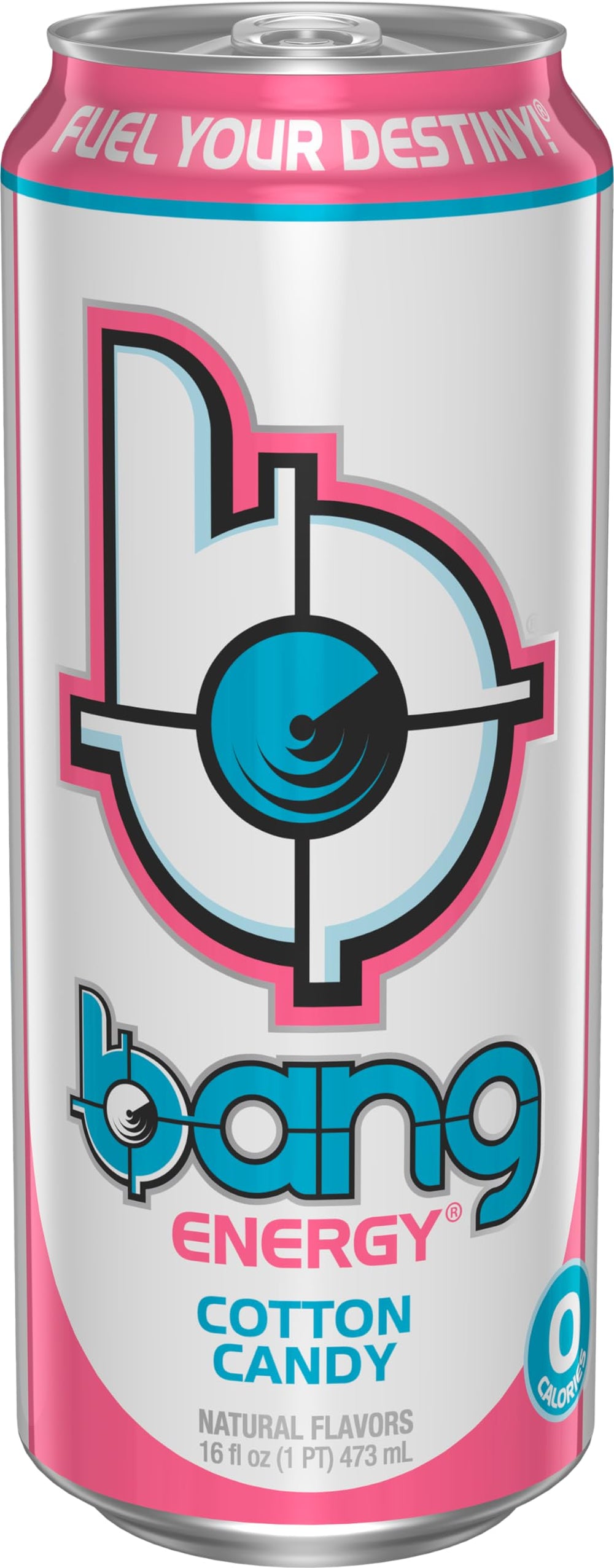 Bang Cotton Candy lata en mano para comparar tamaño y energía portátil 16 oz