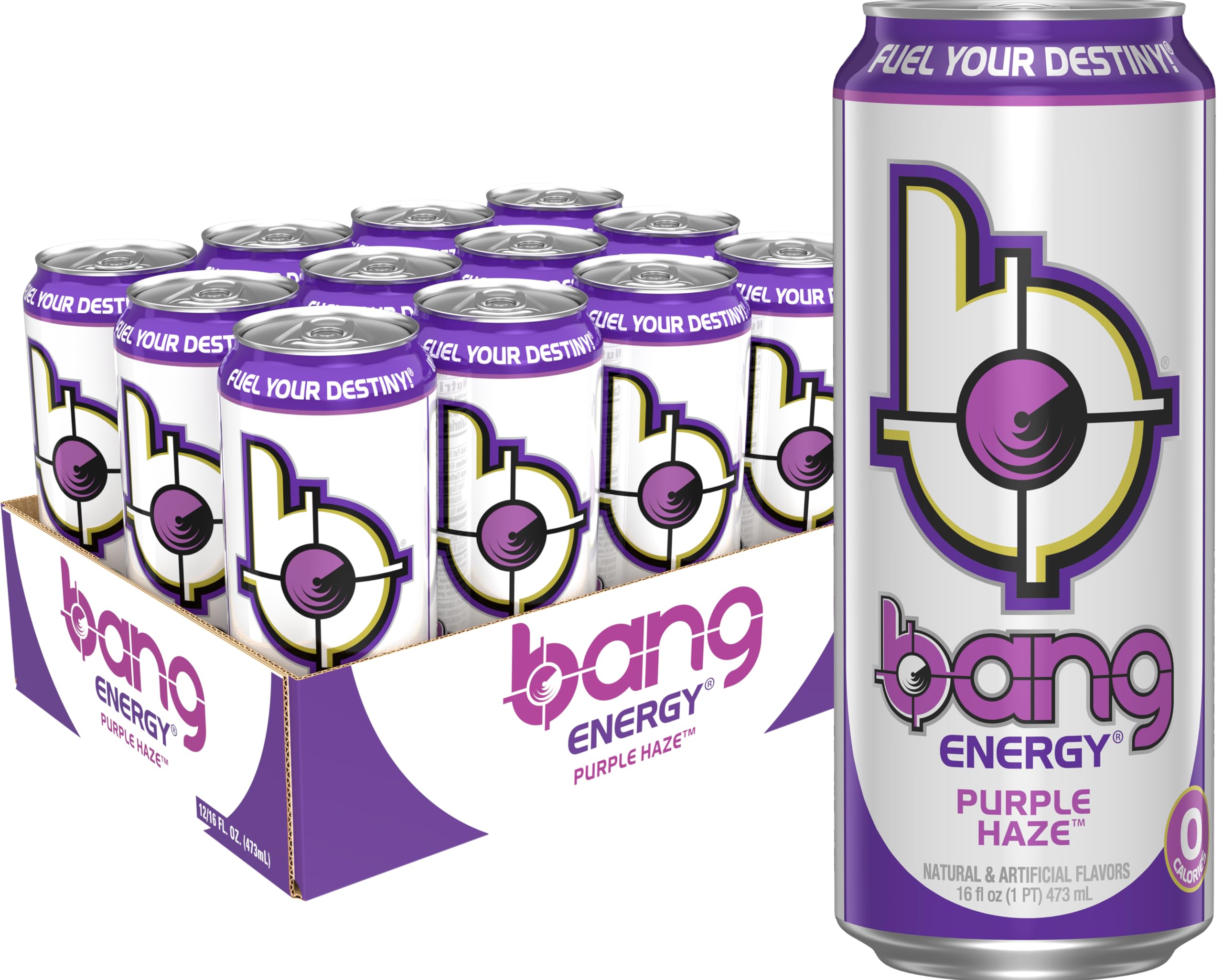 Bang lata frontal Purple Haze mostrando formato de 16 onzas y energía portátil