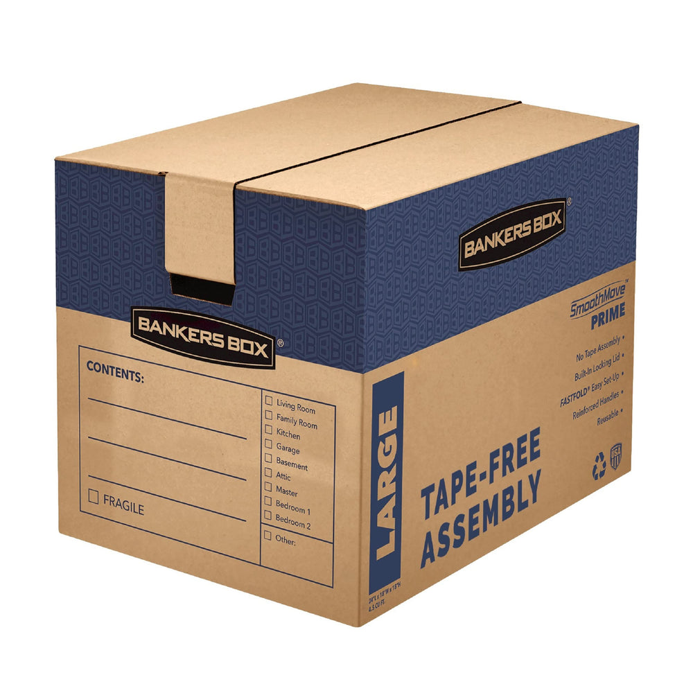 Bankers Box vista frontal del paquete mostrando seis cajas y beneficios de almacenamiento