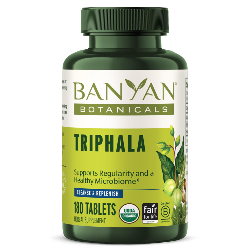 Banyan Botanicals frasco frente mostrando diseño y cantidad de tabletas