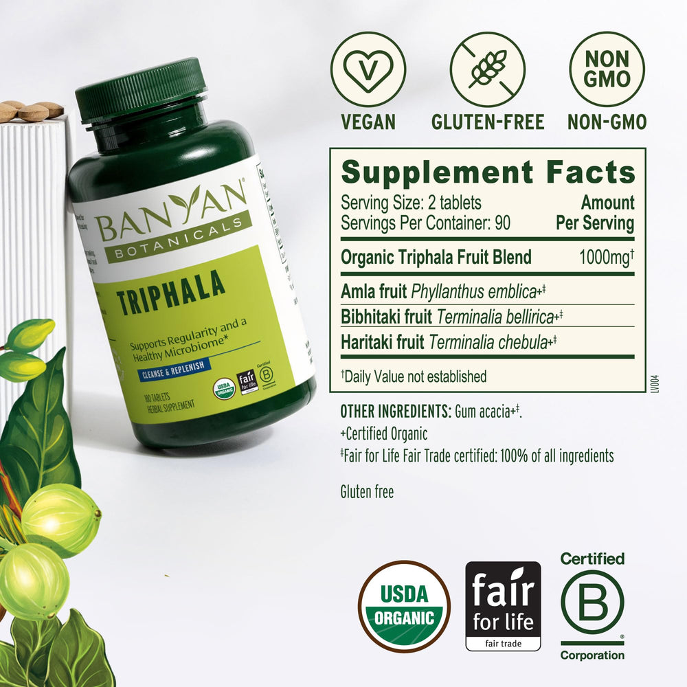 Banyan Botanicals polvo Triphala mostrando color y finura para mezcla