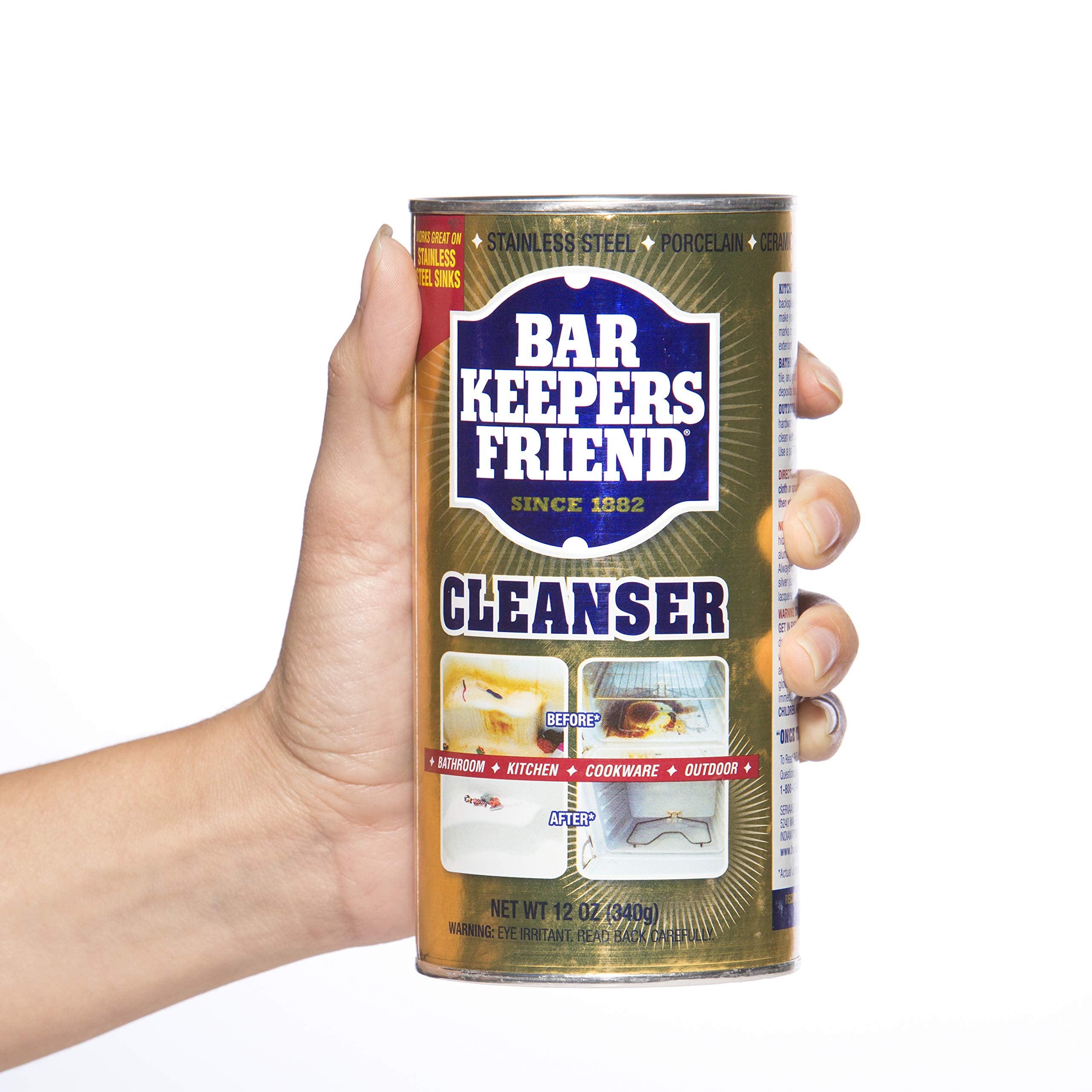 Bar Keepers Friend comparación de tamaño de lata de 12 oz para referencia