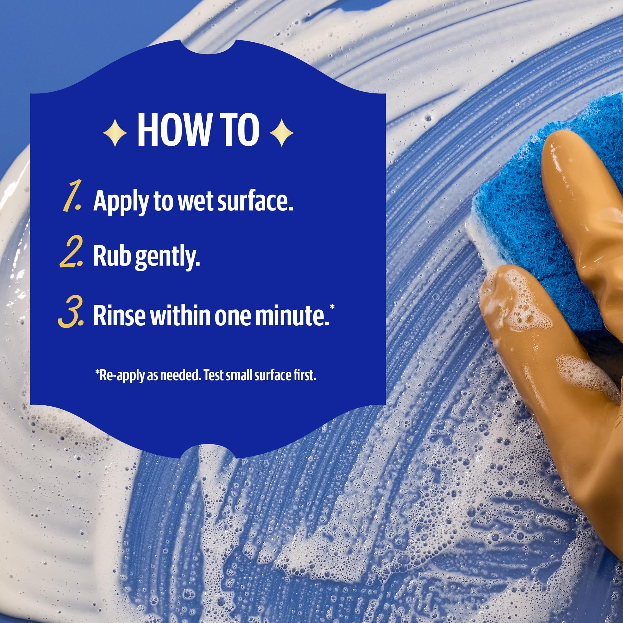 Bar Keepers Friend etiqueta con instrucciones y lista de superficies