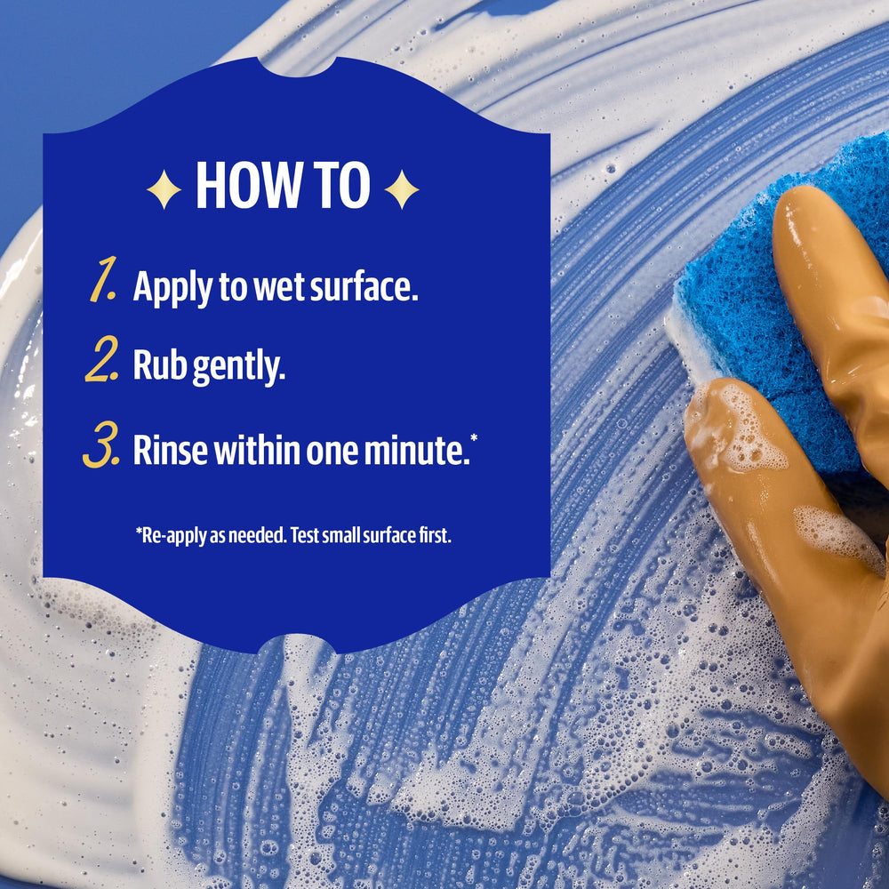Bar Keepers Friend etiqueta con instrucciones y lista de superficies