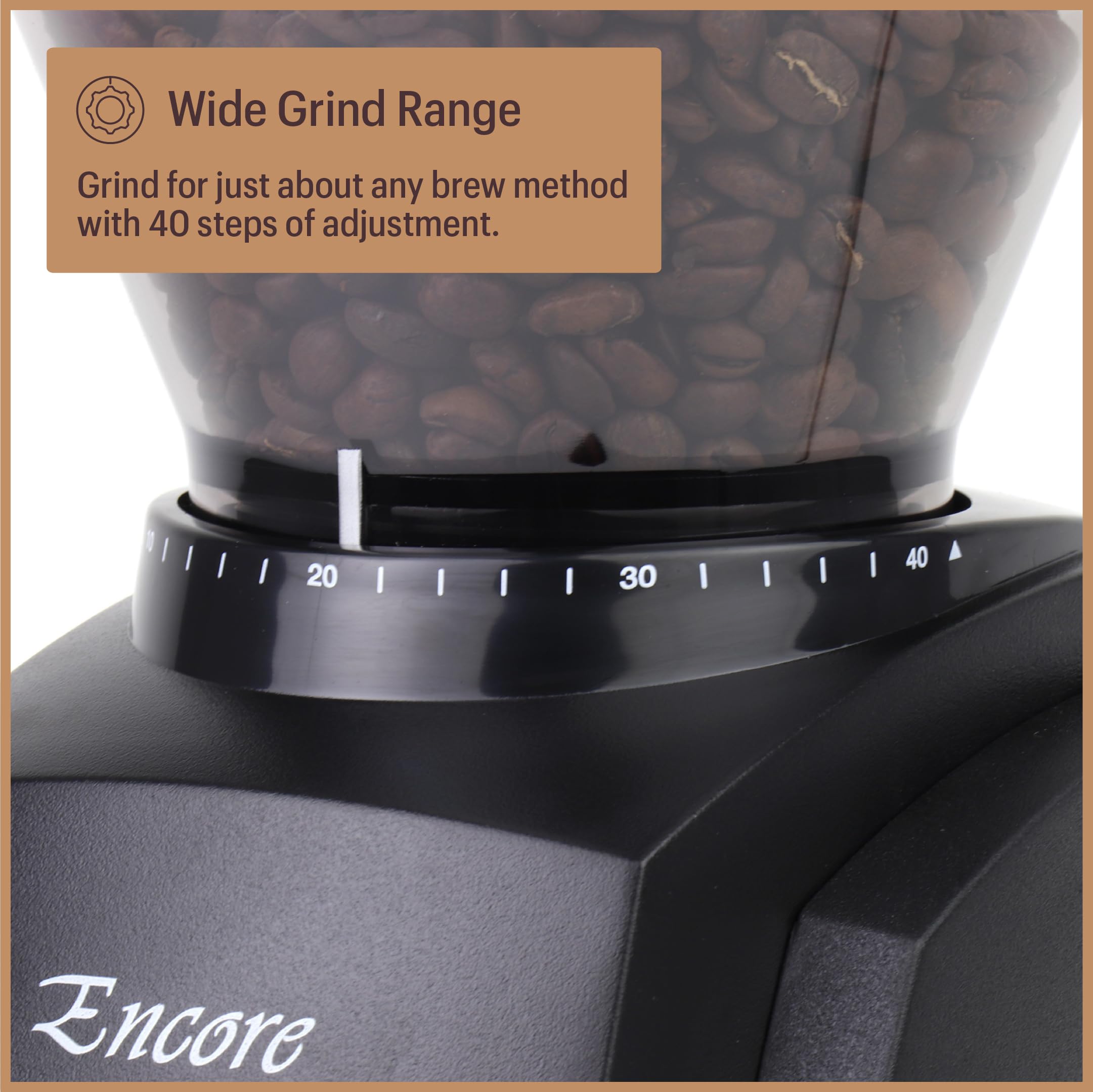 Baratza Encore en uso moliendo granos, consistencia para diferentes métodos